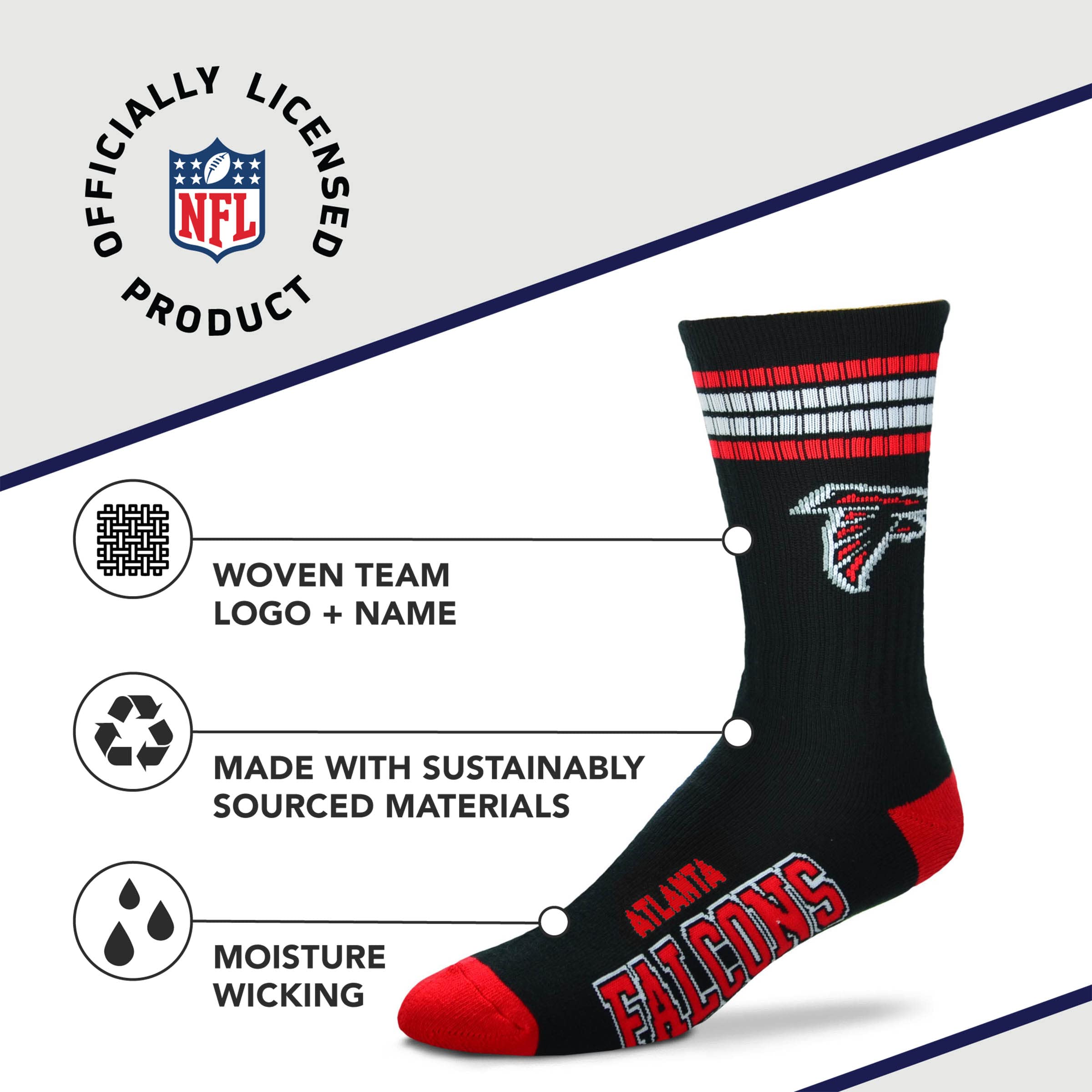 For Bare Feet NFL Youth 4 Stripe Deuce Crew Sock, Atlanta Falcons, One Size - Sports Gifts, Sports Memorabilia, Sports Collectibles, Fan Shop