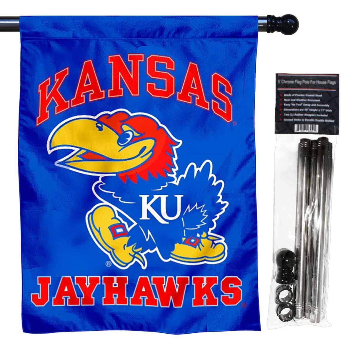 College Flags & Banners Co. Kansas KU Jayhawks Logo House Flag with Flag Pole Set - Sports Collectibles, Sports Memorabilia, Sports Fan Shop, Sports Gifts