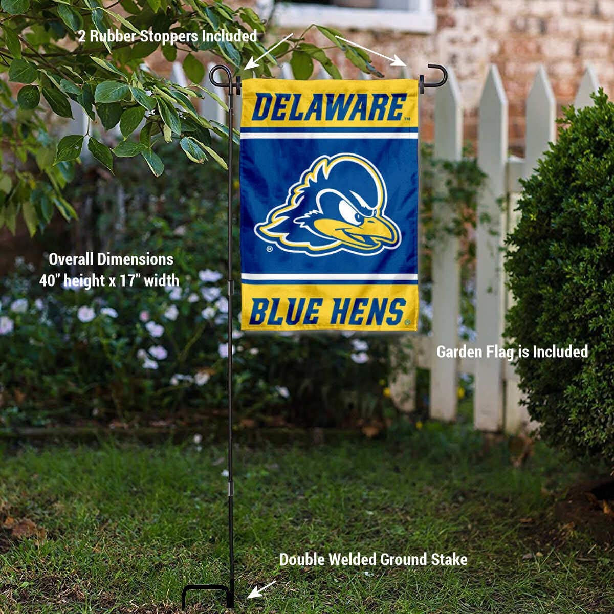 College Flags & Banners Co. Delaware Blue Hens Garden Flag and USA Flag Stand Pole Holder Set - Sports Collectibles, Sports Memorabilia, Sports Fan Shop, Sports Gifts