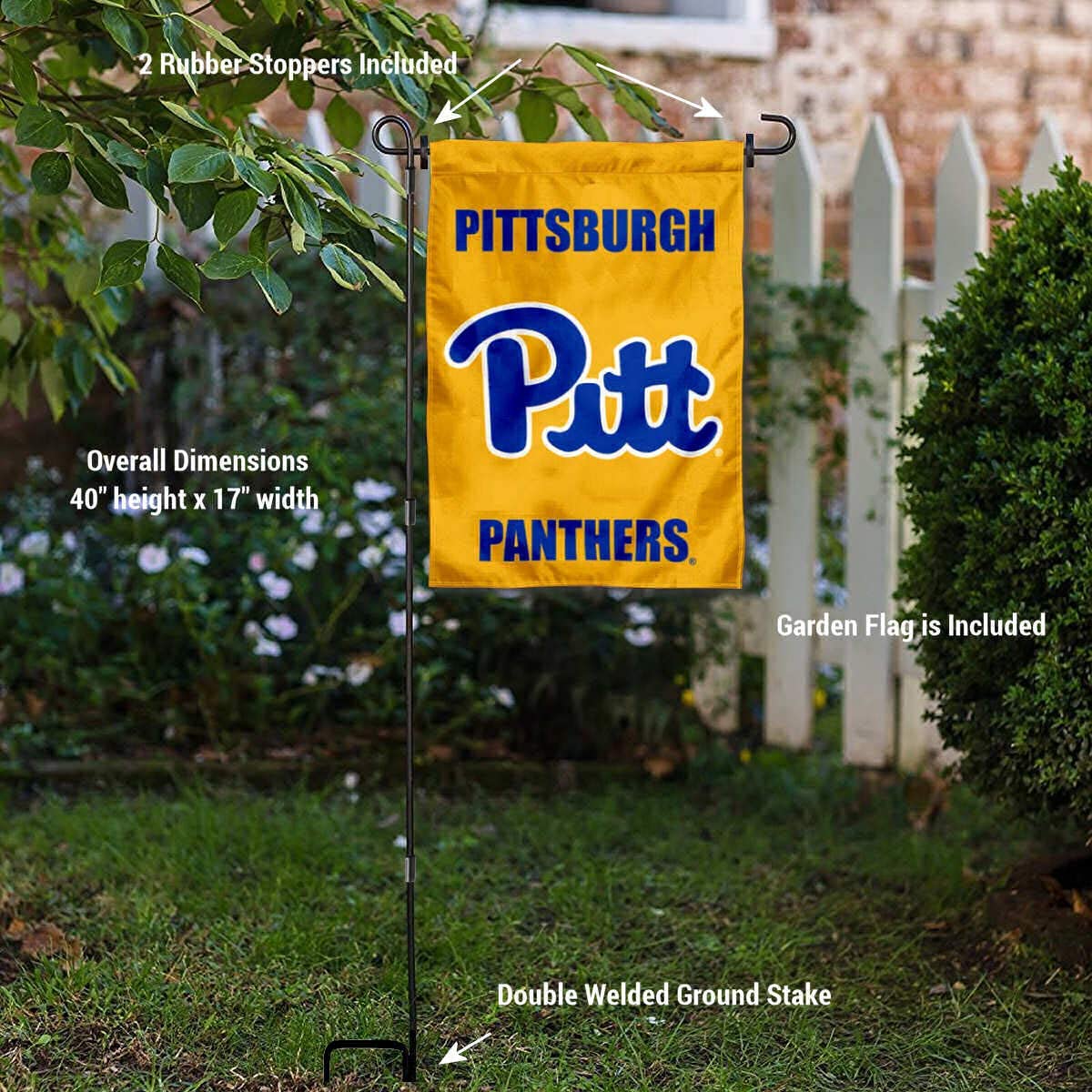Pittsburgh Panthers Blue Gold Garden Flag and USA Flag Stand Pole Holder Set - Sports Collectibles, Sports Memorabilia, Sports Fan Shop, Sports Gifts
