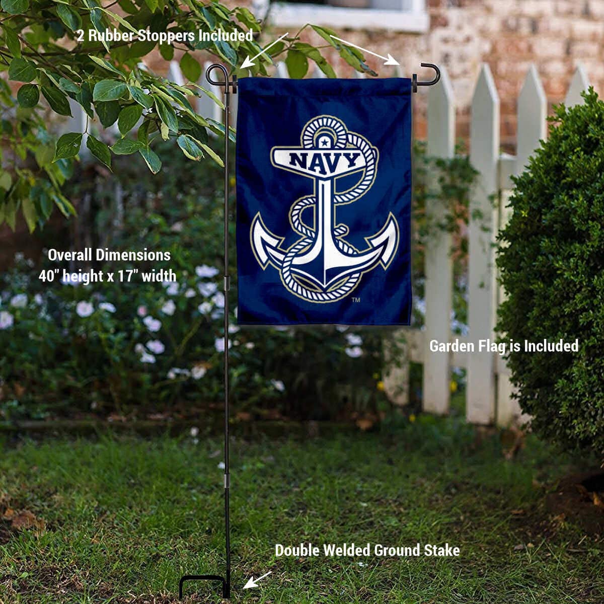 College Flags & Banners Co. US Navy Anchor Garden Flag and USA Flag Stand Pole Holder Set - Sports Collectibles, Sports Memorabilia, Sports Fan Shop, Sports Gifts
