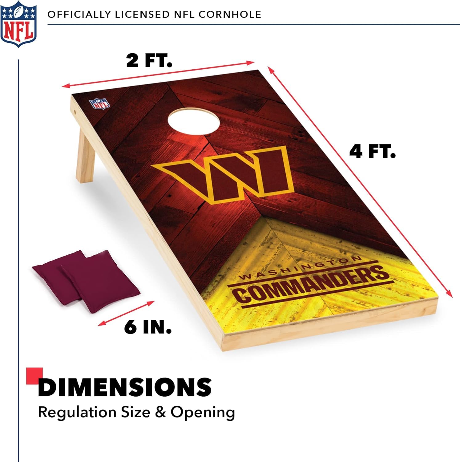 Wild Sports NFL Washington Commanders 2' x 4' Regulation Size Solid Wood Cornhole Set with Direct Print HD Team Graphics - Sports Collectibles, Sports Memorabilia, Sports Fan Shop, Sports Gifts