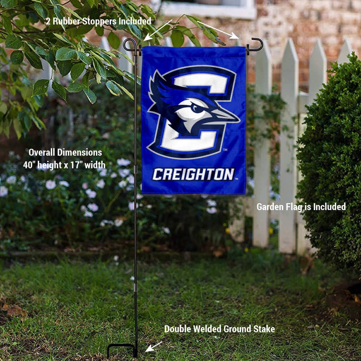 College Flags & Banners Co. Creighton University Garden Flag and USA Stand Pole Holder Set - Sports Collectibles, Sports Memorabilia, Sports Fan Shop, Sports Gifts