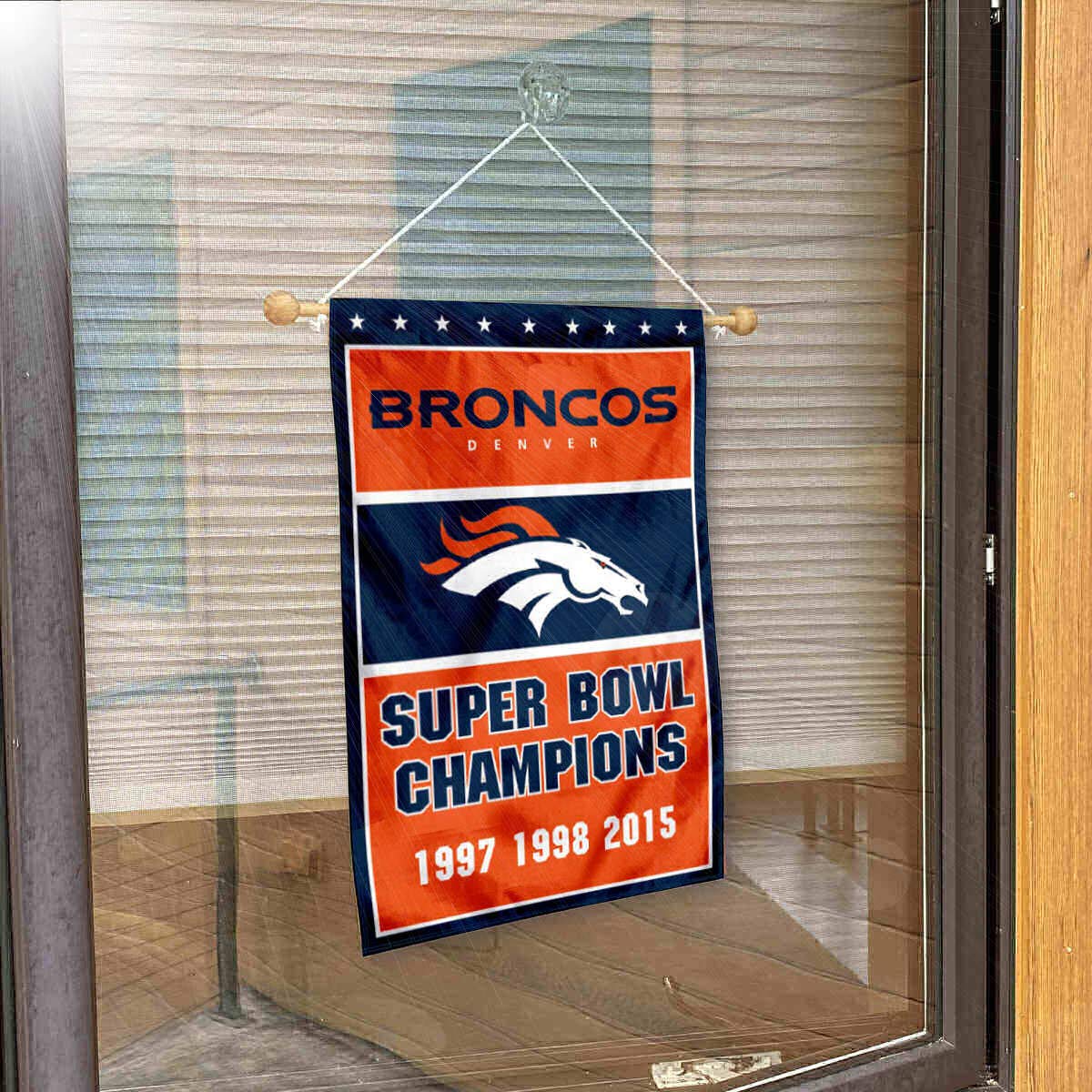 Denver Broncos 3 Time Champions Banner Window Wall Hanging Flag with Suction Cup - Sports Collectibles, Sports Memorabilia, Sports Fan Shop, Sports Gifts