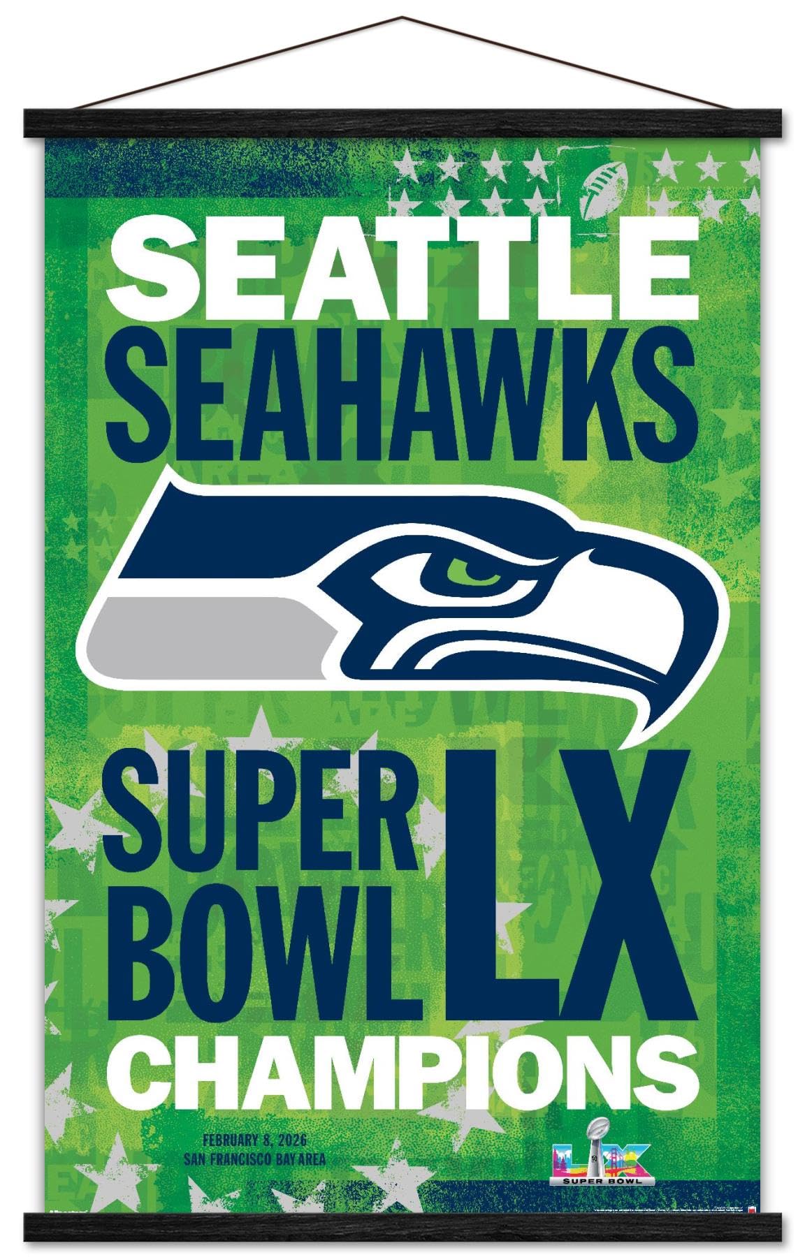 NFL Seattle Seahawks - Super Bowl LX Team Logo Wall Poster with Magnetic Frame, 34L" x 22.4W", Premium Print and Black Hanger Bundle - Sports Gifts, Sports Memorabilia, Sports Collectibles, Fan Shop