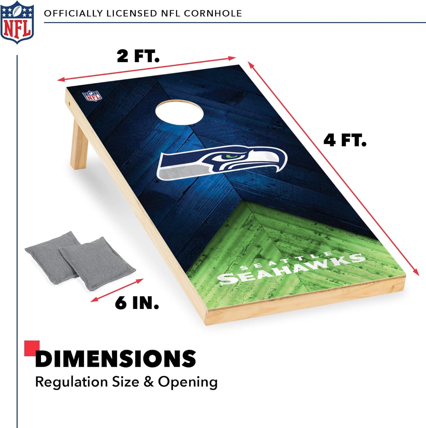 Wild Sports NFL Seattle Seahawks 2' x 4' Regulation Size Solid Wood Cornhole Set with Direct Print HD Team Graphics - Sports Collectibles, Sports Memorabilia, Sports Fan Shop, Sports Gifts
