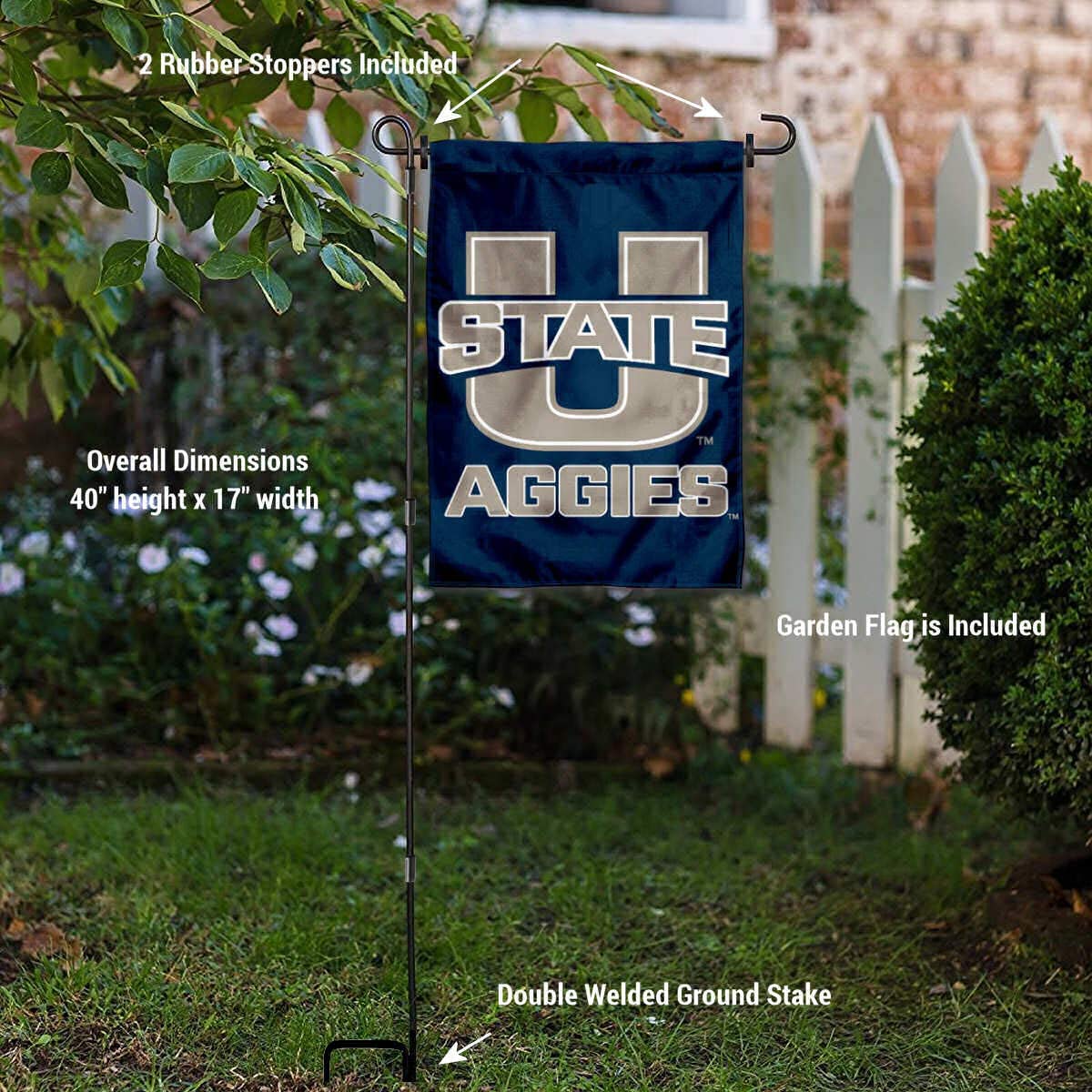 Utah State University Garden Flag and USA Flag Stand Pole Holder Set - Sports Collectibles, Sports Memorabilia, Sports Fan Shop, Sports Gifts