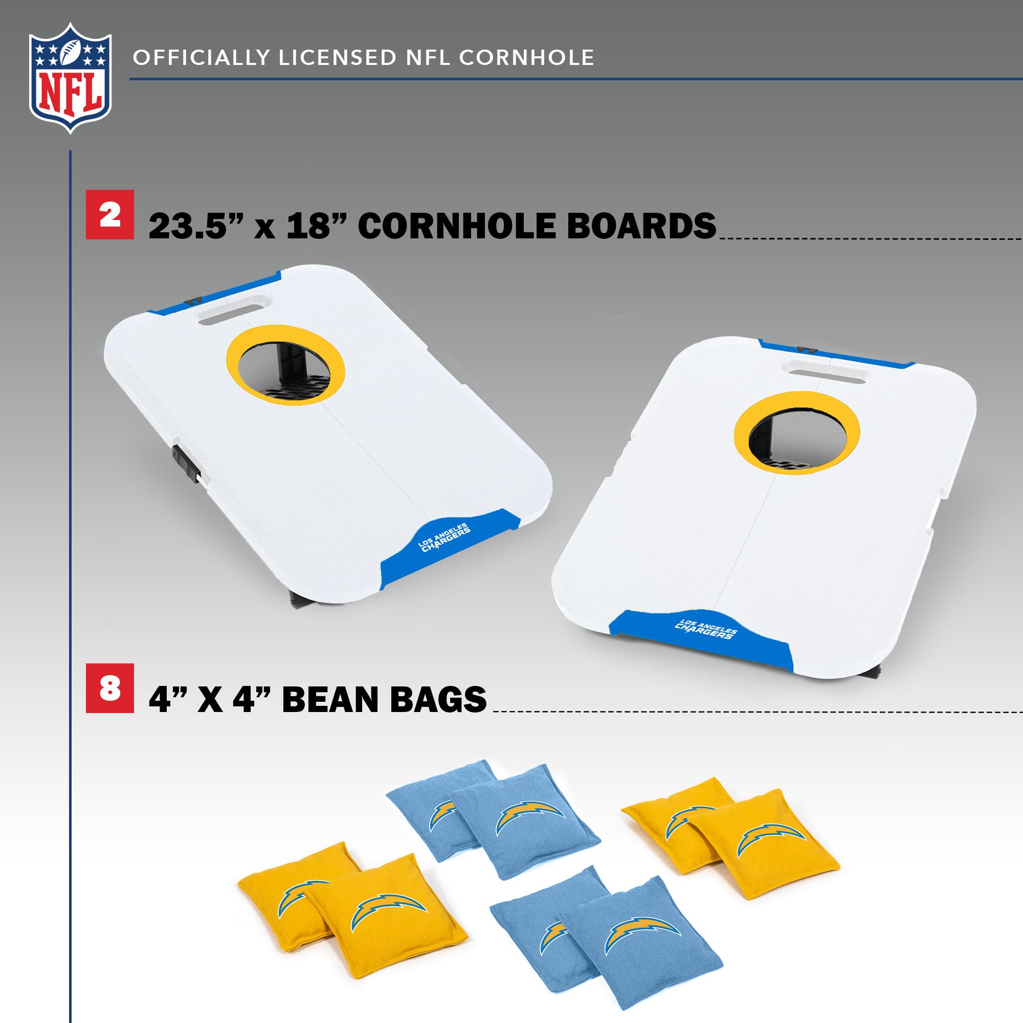 Wild Sports NFL Los Angeles Chargers Pro Football All-Weather Cornhole Set - Travel Bean Bag Toss Set Includes 8 Bean Bags - Sports Collectibles, Sports Memorabilia, Sports Fan Shop, Sports Gifts
