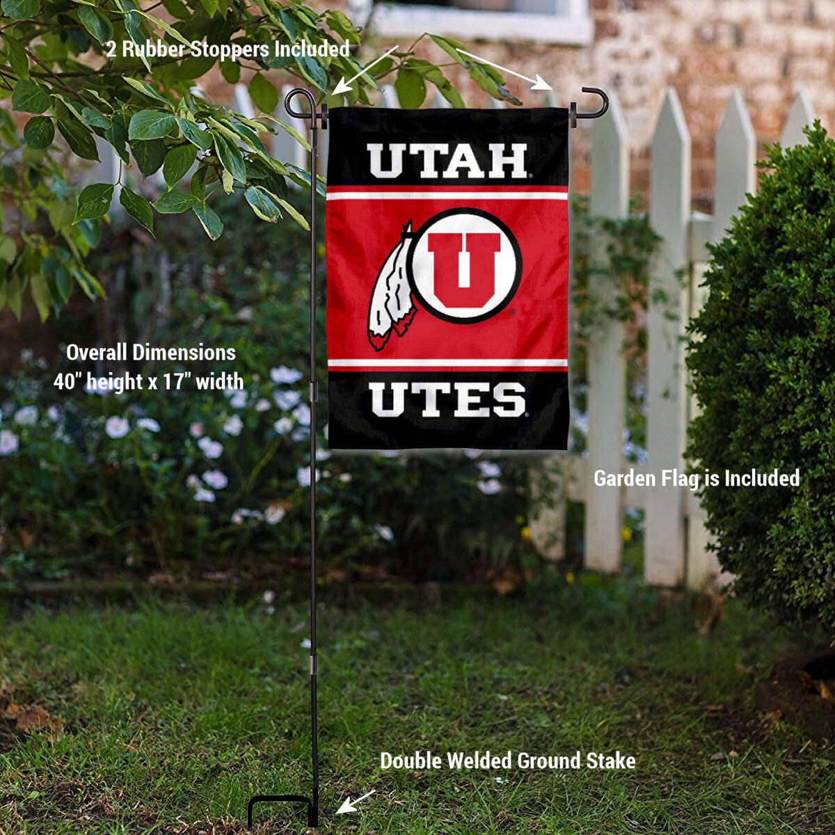 College Flags & Banners Co. Utah Garden Flag with Stand Holder - Sports Collectibles, Sports Memorabilia, Sports Fan Shop, Sports Gifts