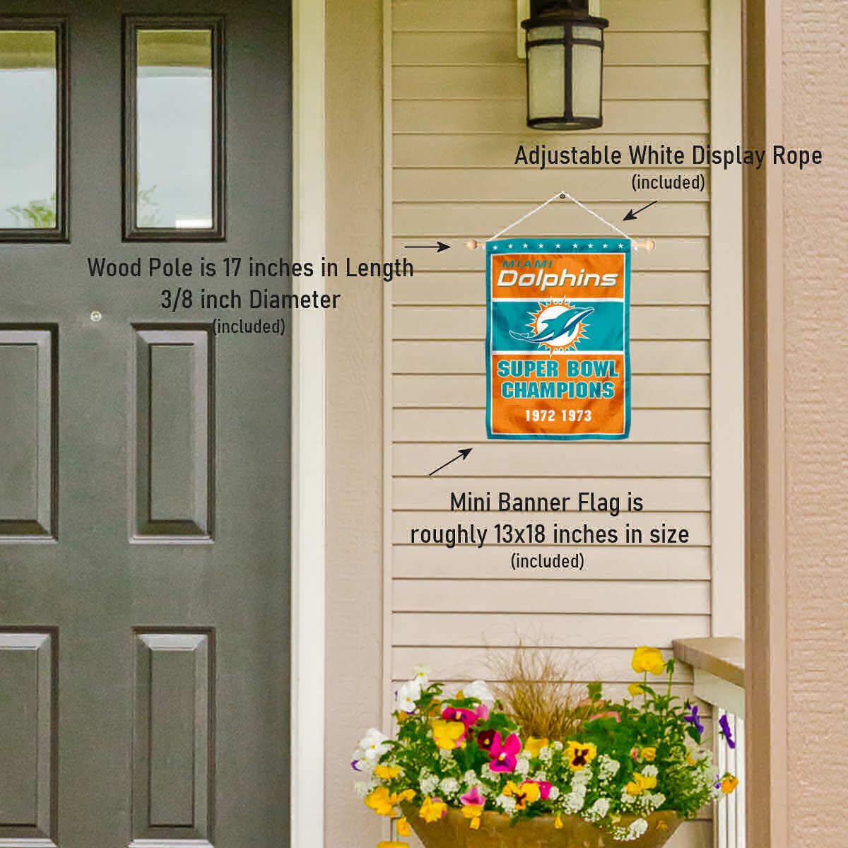 Miami Dolphins 2 Time Champions Banner Window Wall Hanging Flag with Suction Cup - Sports Collectibles, Sports Memorabilia, Sports Fan Shop, Sports Gifts