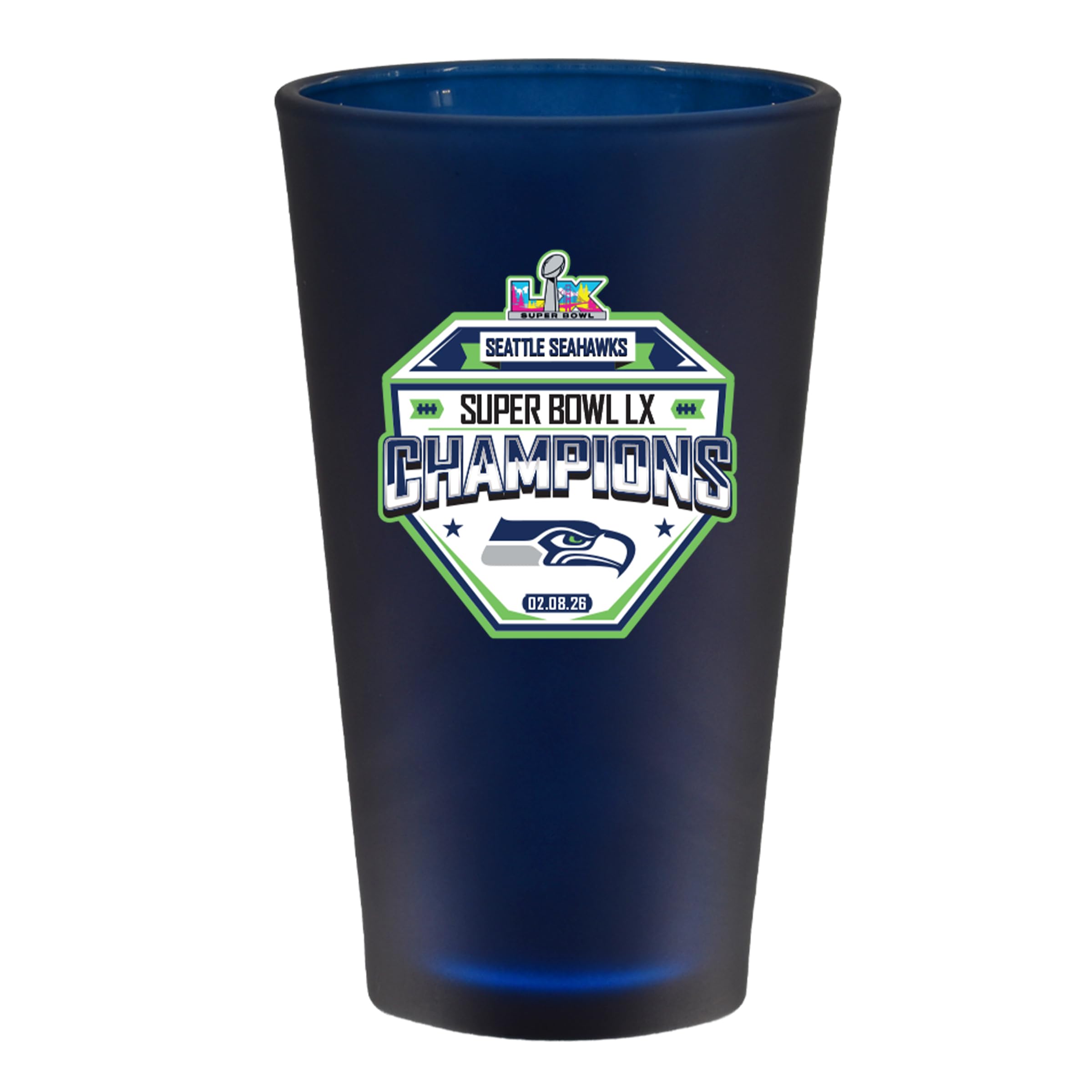 The Memory Company Officially Licensed NFL Seattle Seahawks 2026 Super Bowl LX Champions 16oz Navy Frosted Pint Glass, Direct Print - Sports Gifts, Sports Memorabilia, Sports Collectibles, Fan Shop