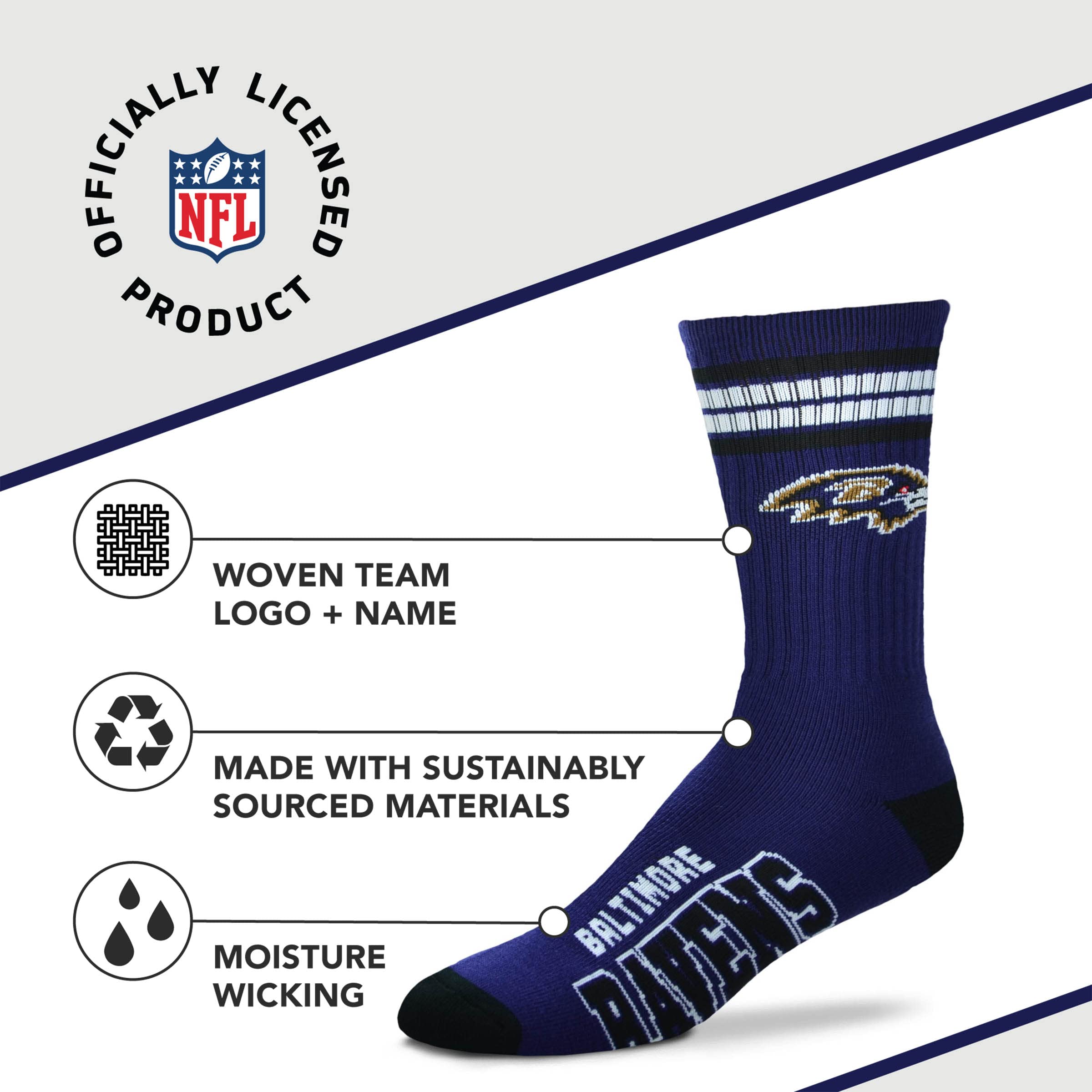For Bare Feet NFL Youth 4 Stripe Deuce Crew Sock, Baltimore Ravens, One Size - Sports Gifts, Sports Memorabilia, Sports Collectibles, Fan Shop
