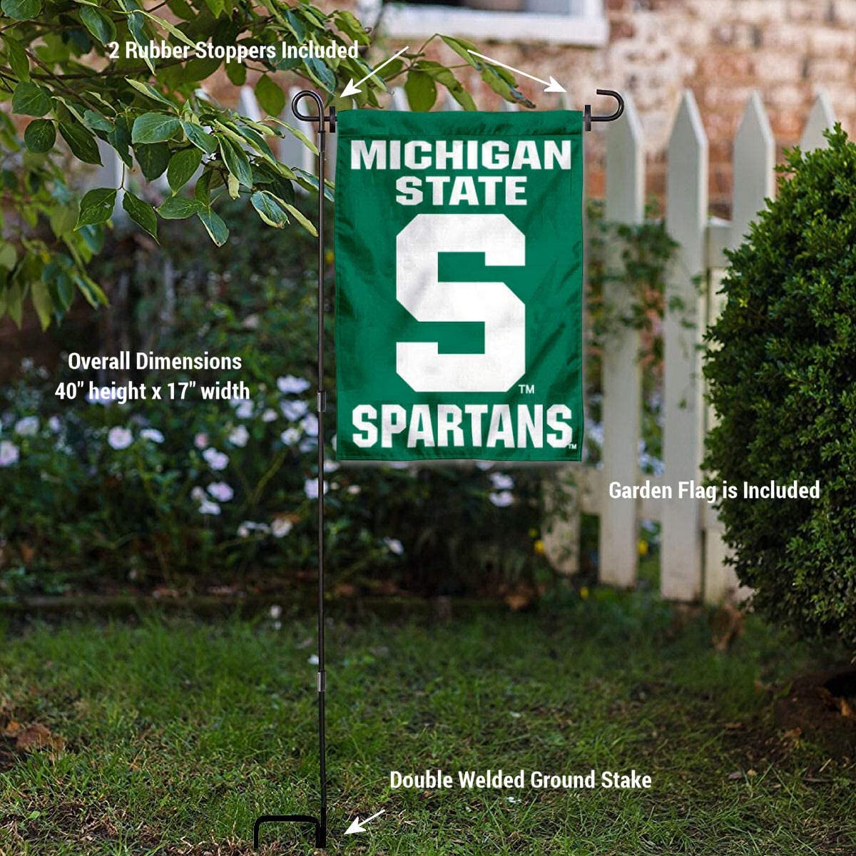 Michigan State University Garden Flag and USA Flag Stand Pole Holder Set - Sports Collectibles, Sports Memorabilia, Sports Fan Shop, Sports Gifts