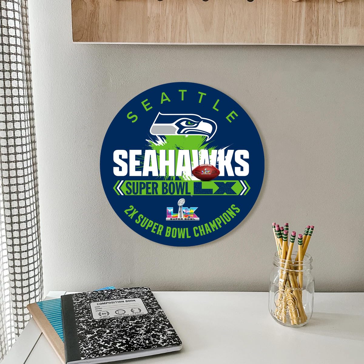 Fan Creations NFL Seattle Seahawks Super Bowl LX Champions Sign - 12" Round MDF Wood Wall Decor - Official 2026 Championship Commemorative Plaque for Man Cave, Office, Home - Sports Gifts, Sports Memorabilia, Sports Collectibles, Fan Shop