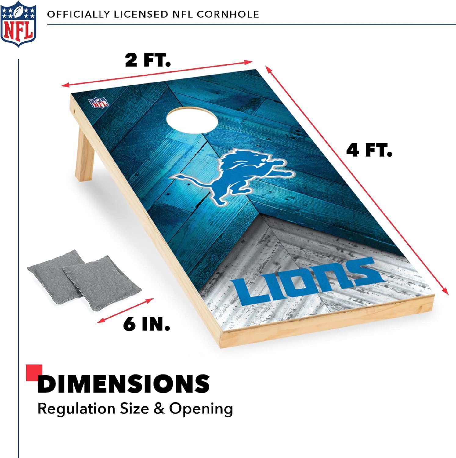 Wild Sports NFL Detroit Lions 2' x 4' Regulation Size Solid Wood Cornhole Set with Direct Print HD Team Graphics - Sports Collectibles, Sports Memorabilia, Sports Fan Shop, Sports Gifts