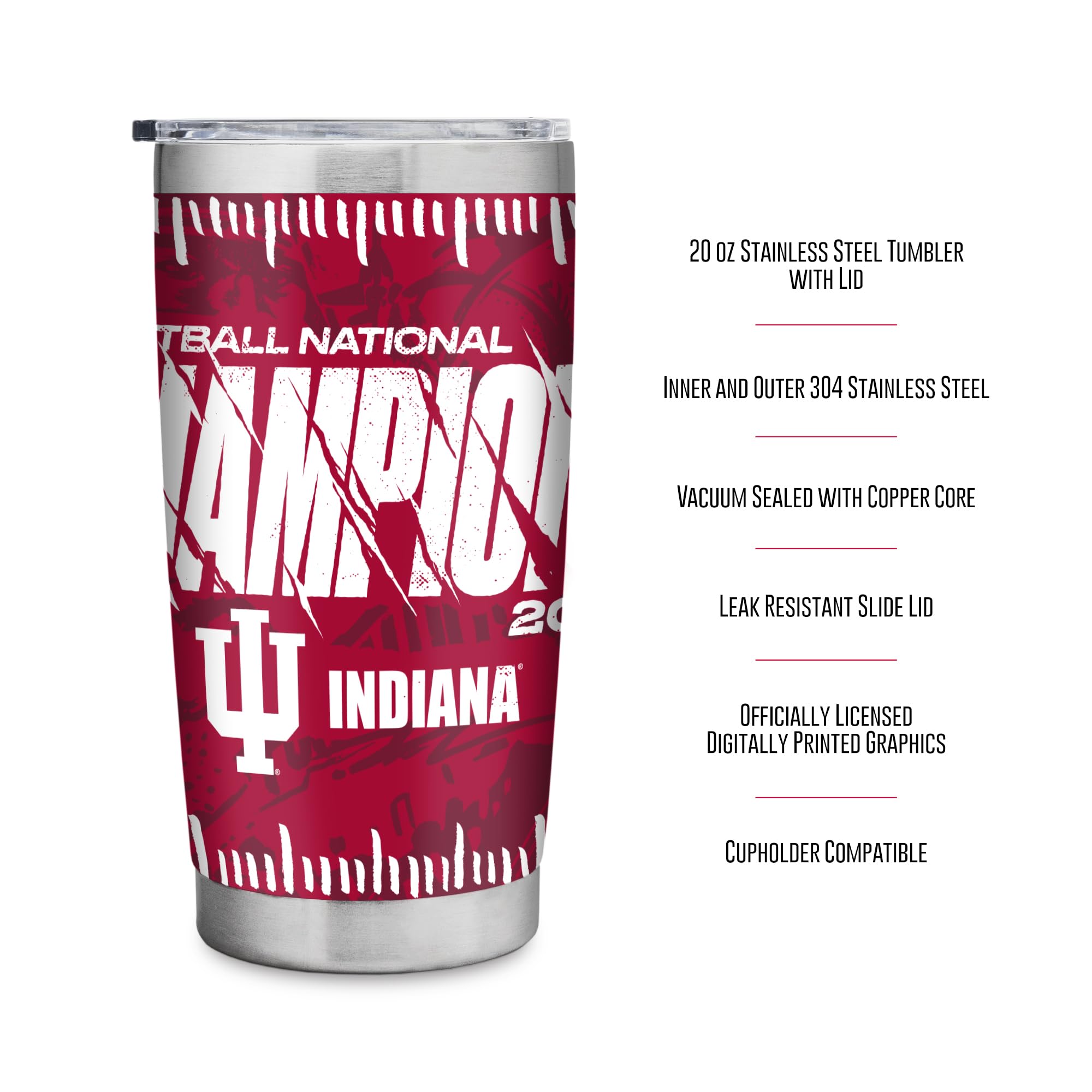 Rico Industries NCAA Indiana Hoosiers 2026 Football National Champions 20oz Stainless Steel Tumbler with Lid - Great For Coffee, Tea, Water or Cocktails - Sports Gifts, Sports Memorabilia, Sports Collectibles, Fan Shop