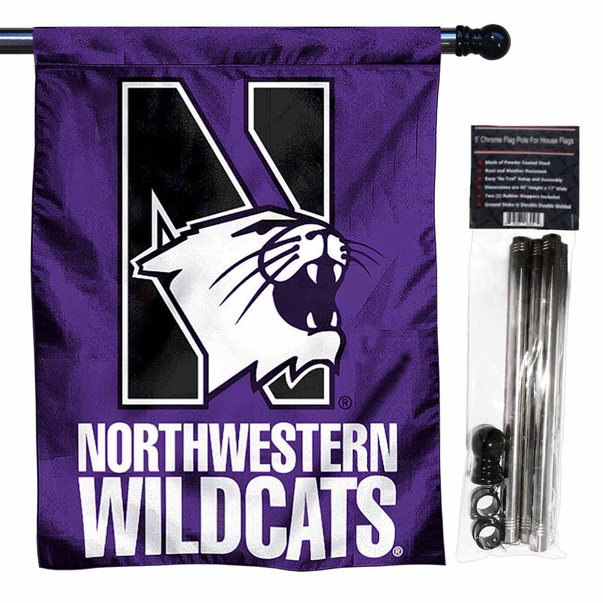 College Flags & Banners Co. Northwestern Wildcats House Flag with Flag Pole Set - Sports Collectibles, Sports Memorabilia, Sports Fan Shop, Sports Gifts