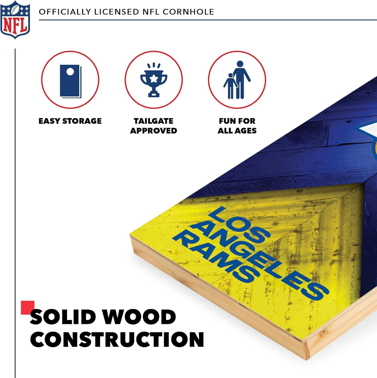 Wild Sports NFL Los Angeles Rams 2' x 4' Regulation Size Solid Wood Cornhole Set with Direct Print HD Team Graphics - Sports Collectibles, Sports Memorabilia, Sports Fan Shop, Sports Gifts