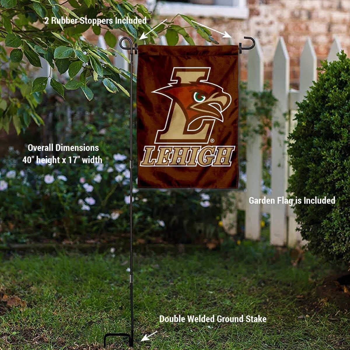College Flags & Banners Co. Lehigh Mountain Hawks Garden Flag and USA Stand Pole Holder Set - Sports Collectibles, Sports Memorabilia, Sports Fan Shop, Sports Gifts