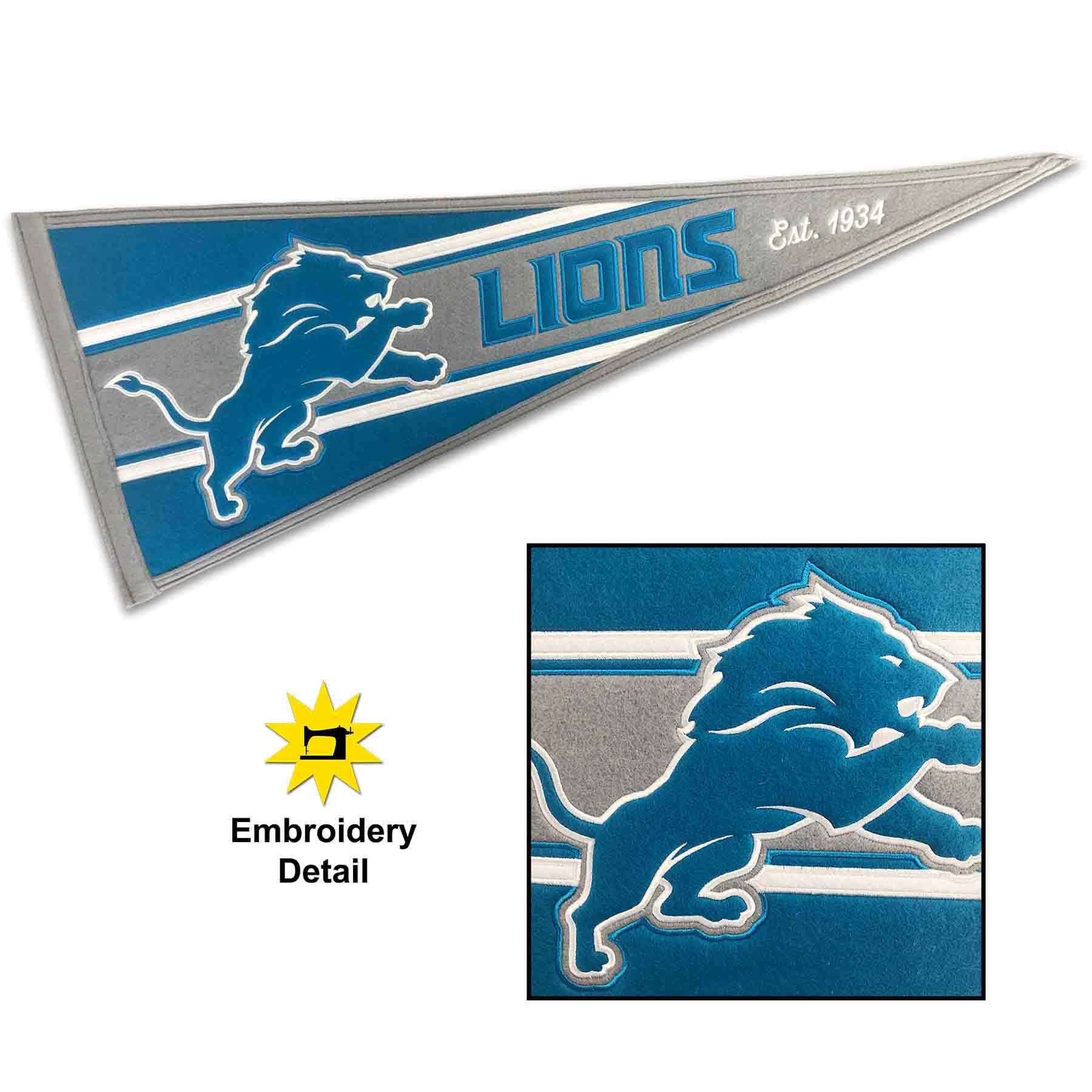 WinCraft Detroit Lions Embroidered and Sewn Pennant - Sports Collectibles, Sports Memorabilia, Sports Fan Shop, Sports Gifts