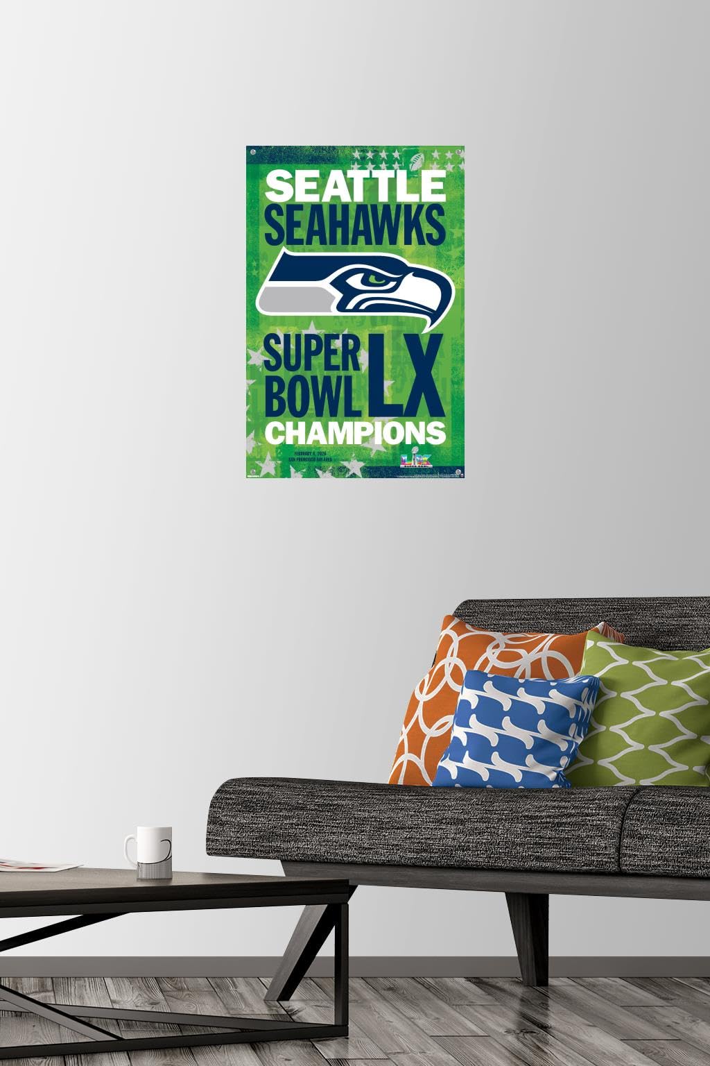 NFL Seattle Seahawks - Super Bowl LX Team Logo Wall Poster with Push Pins, 22.4L" x 14.7W", Premium Poster & Push Pin Bundle - Sports Gifts, Sports Memorabilia, Sports Collectibles, Fan Shop