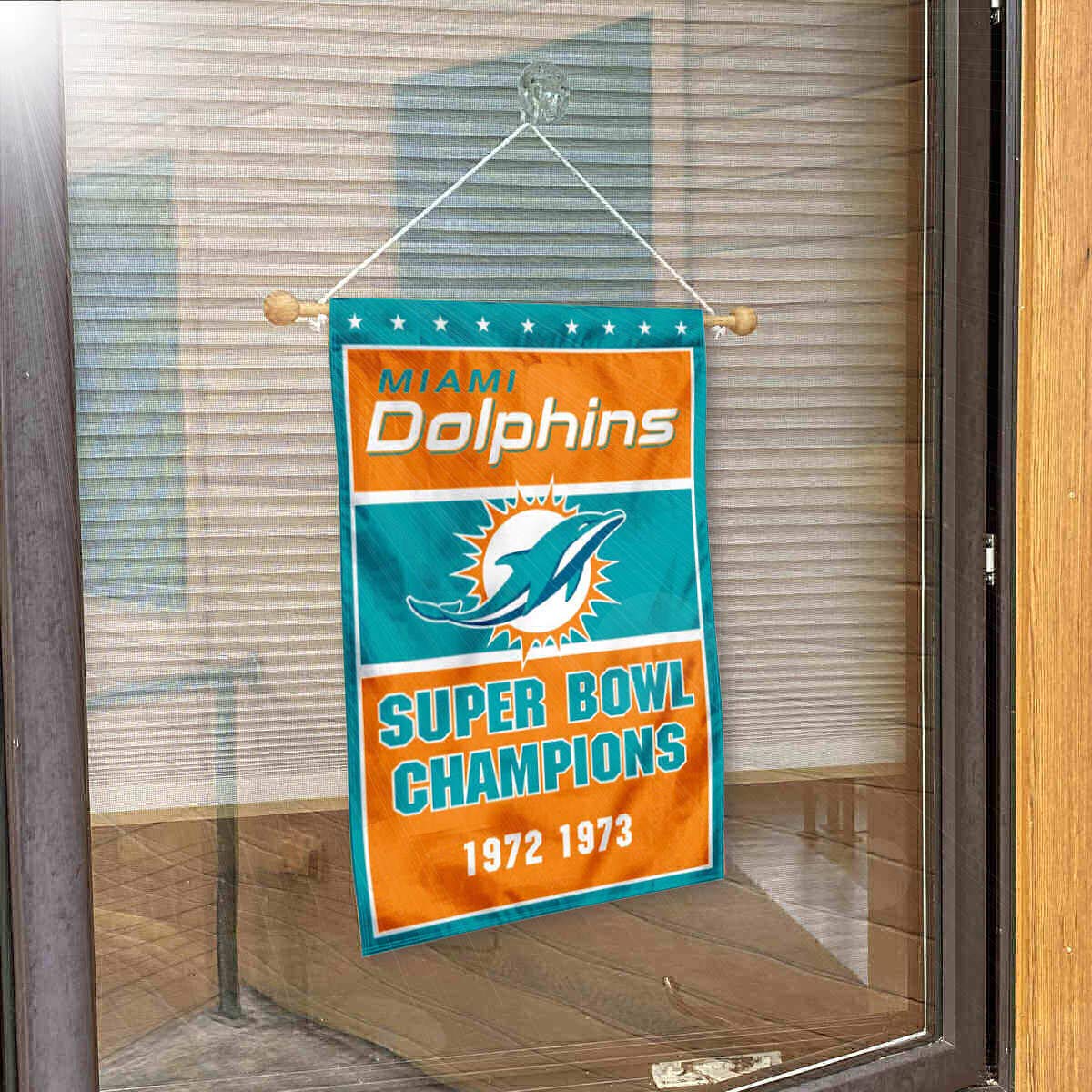 Miami Dolphins 2 Time Champions Banner Window Wall Hanging Flag with Suction Cup - Sports Collectibles, Sports Memorabilia, Sports Fan Shop, Sports Gifts