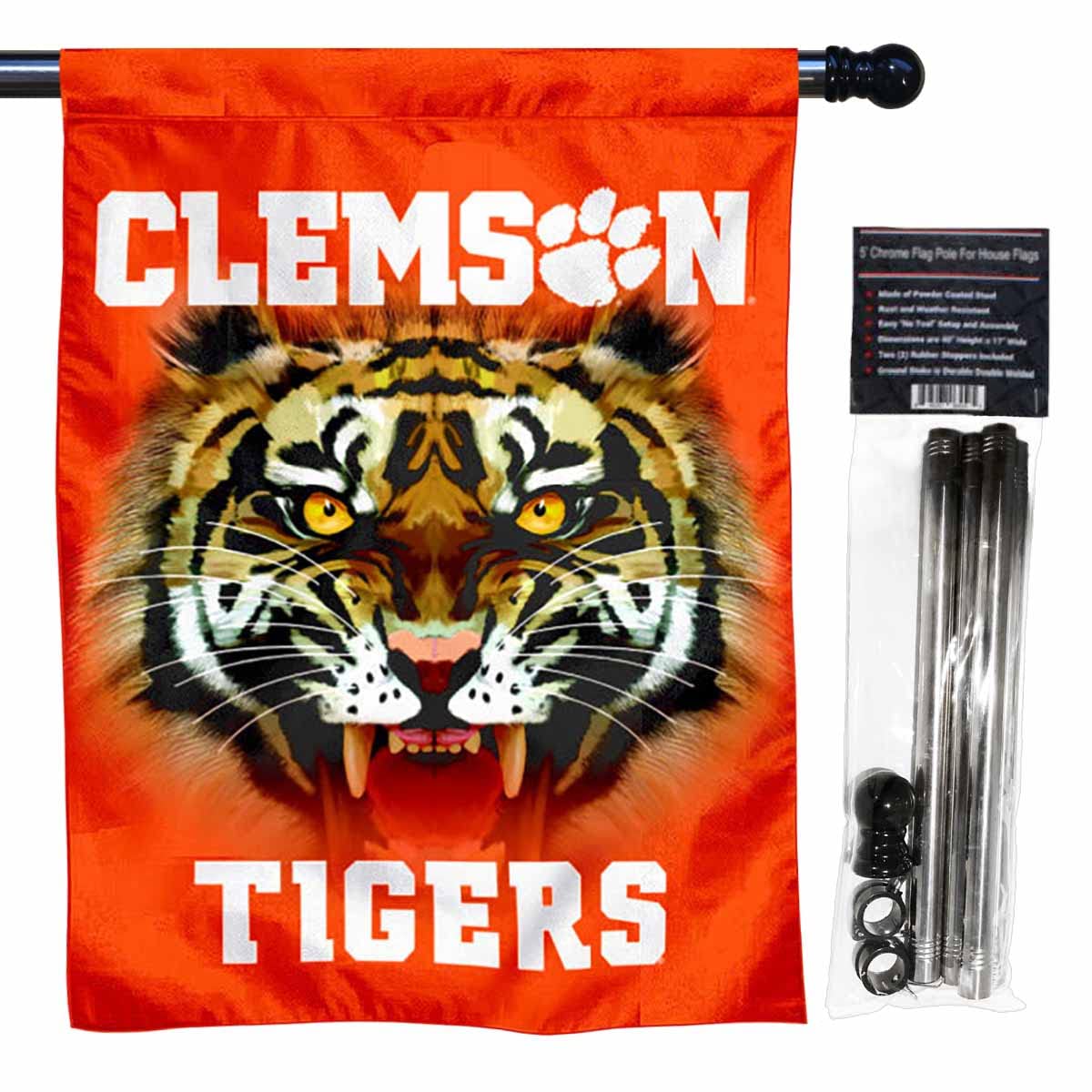 Clemson Eyes Logo House Flag with Flag Pole Set - Sports Collectibles, Sports Memorabilia, Sports Fan Shop, Sports Gifts