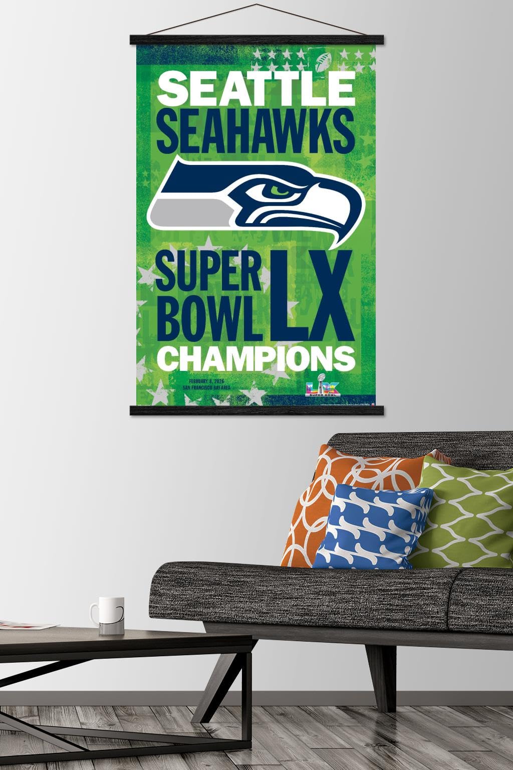 NFL Seattle Seahawks - Super Bowl LX Team Logo Wall Poster with Magnetic Frame, 34L" x 22.4W", Premium Print and Black Hanger Bundle - Sports Gifts, Sports Memorabilia, Sports Collectibles, Fan Shop