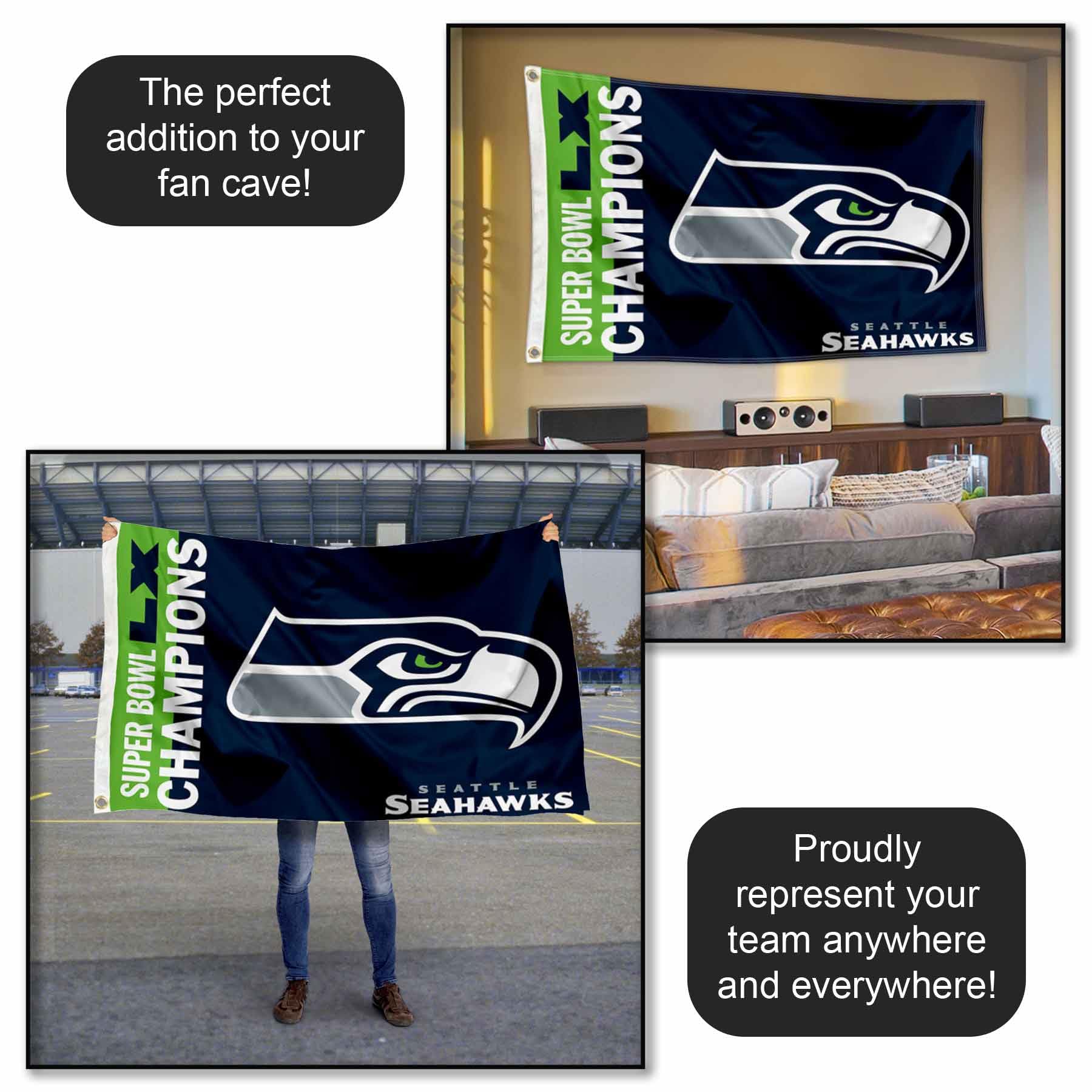 Seattle Seahawks Super Bowl LX Champions Banner Flag - Sports Gifts, Sports Memorabilia, Sports Collectibles, Fan Shop