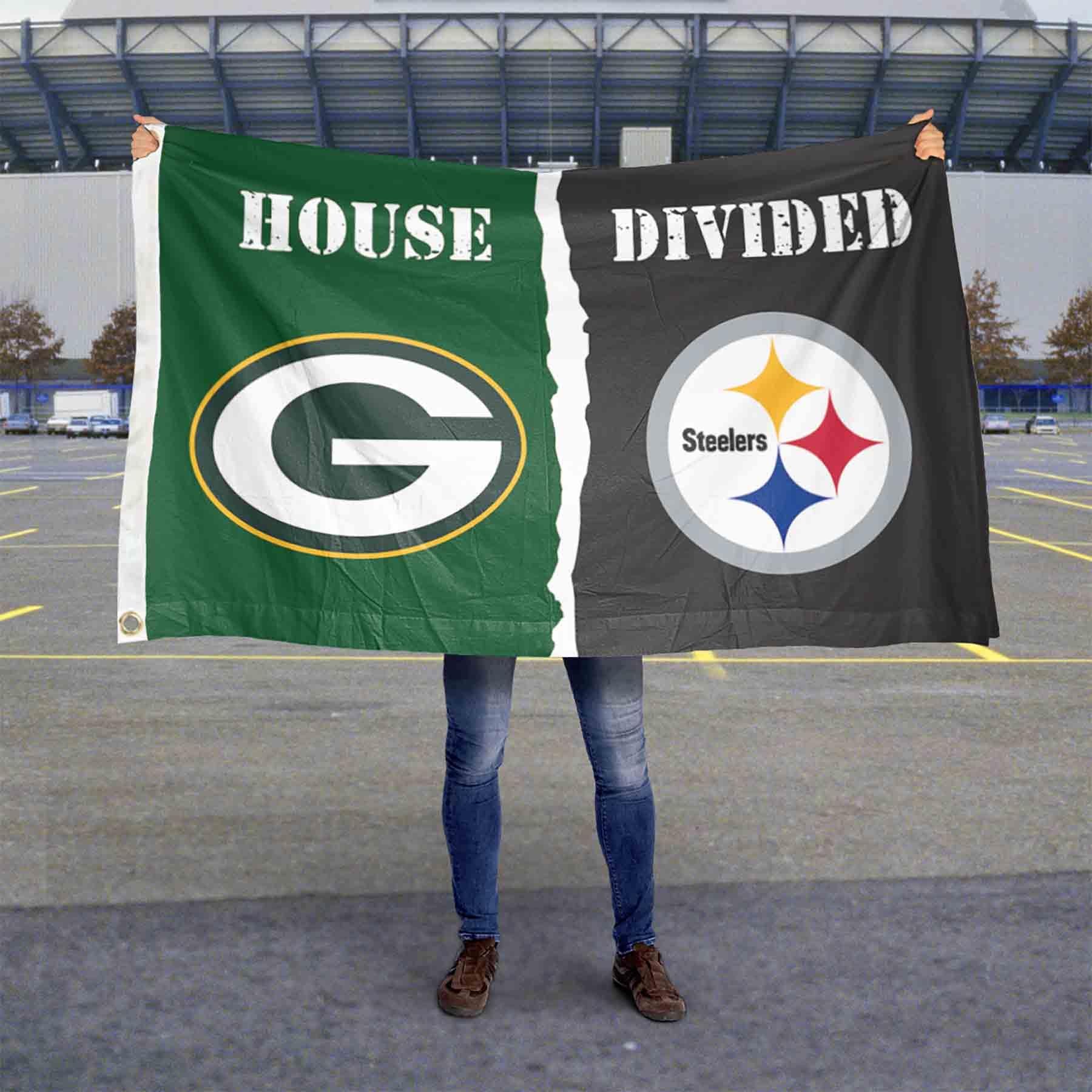 WinCraft Packers and Steelers House Divided Flag Rivalry Banner - Sports Collectibles, Sports Memorabilia, Sports Fan Shop, Sports Gifts