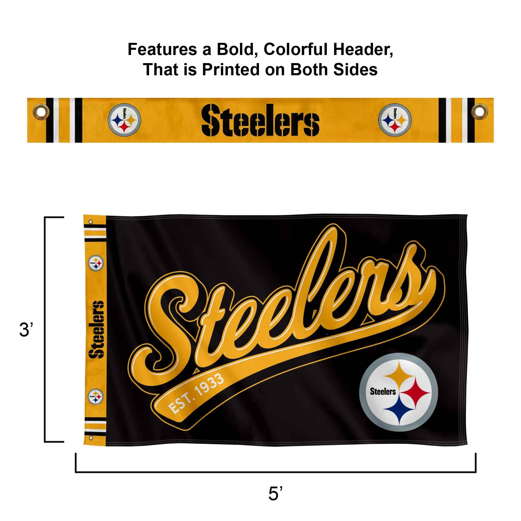 WinCraft Pittsburgh Steelers Script Logo Premium Flag - Sports Collectibles, Sports Memorabilia, Sports Fan Shop, Sports Gifts