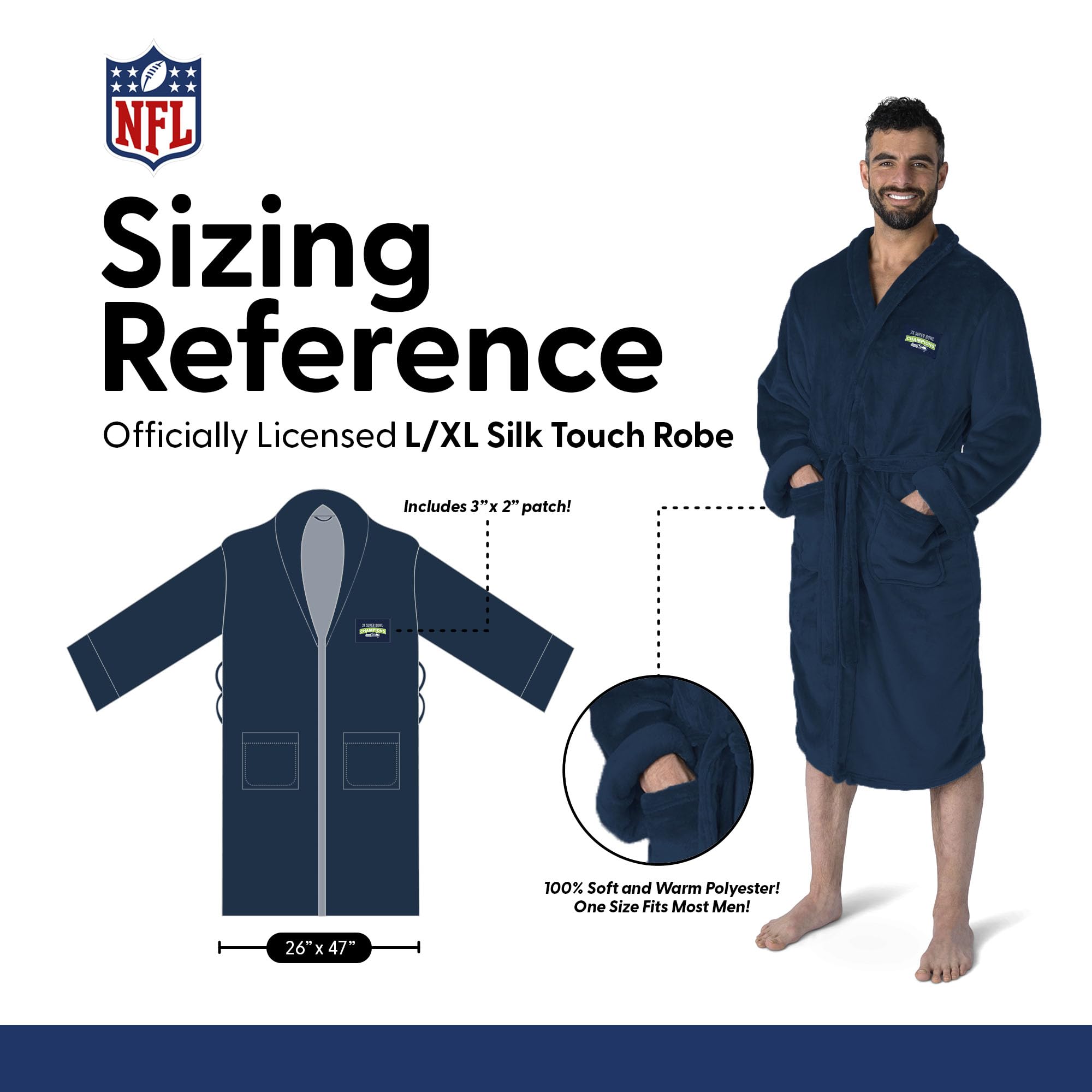 Northwest NFL Super Bowl 2026 Seattle Seahawks Multi Champs Fog Silk Touch Robe, Large/XLarge - Sports Gifts, Sports Memorabilia, Sports Collectibles, Fan Shop