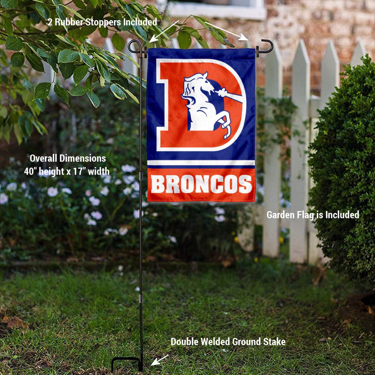 WinCraft Denver Broncos Throwback Garden Flag with Stand Holder - Sports Collectibles, Sports Memorabilia, Sports Fan Shop, Sports Gifts