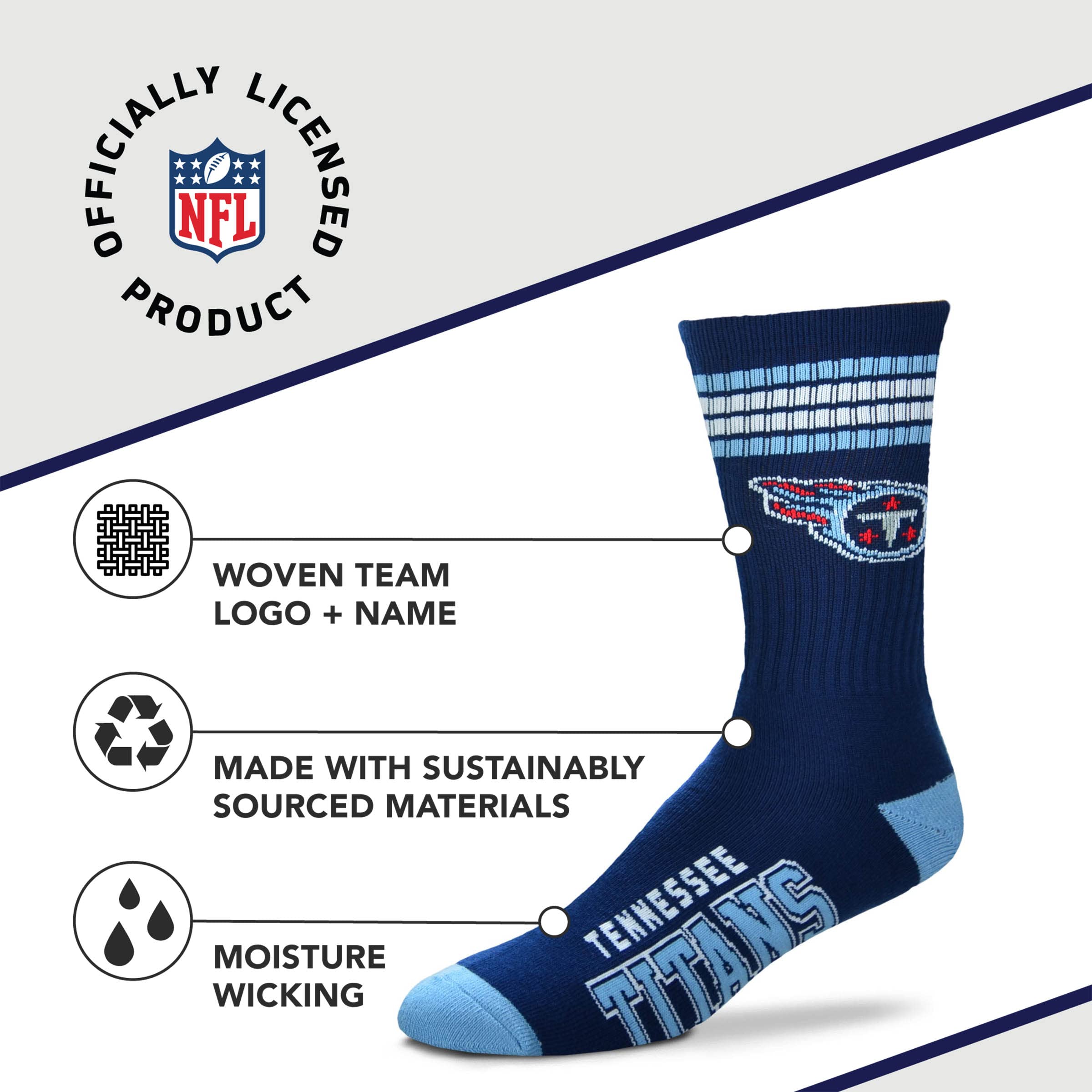 For Bare Feet NFL Youth 4 Stripe Deuce Crew Sock, Tennessee Titans, One Size - Sports Gifts, Sports Memorabilia, Sports Collectibles, Fan Shop