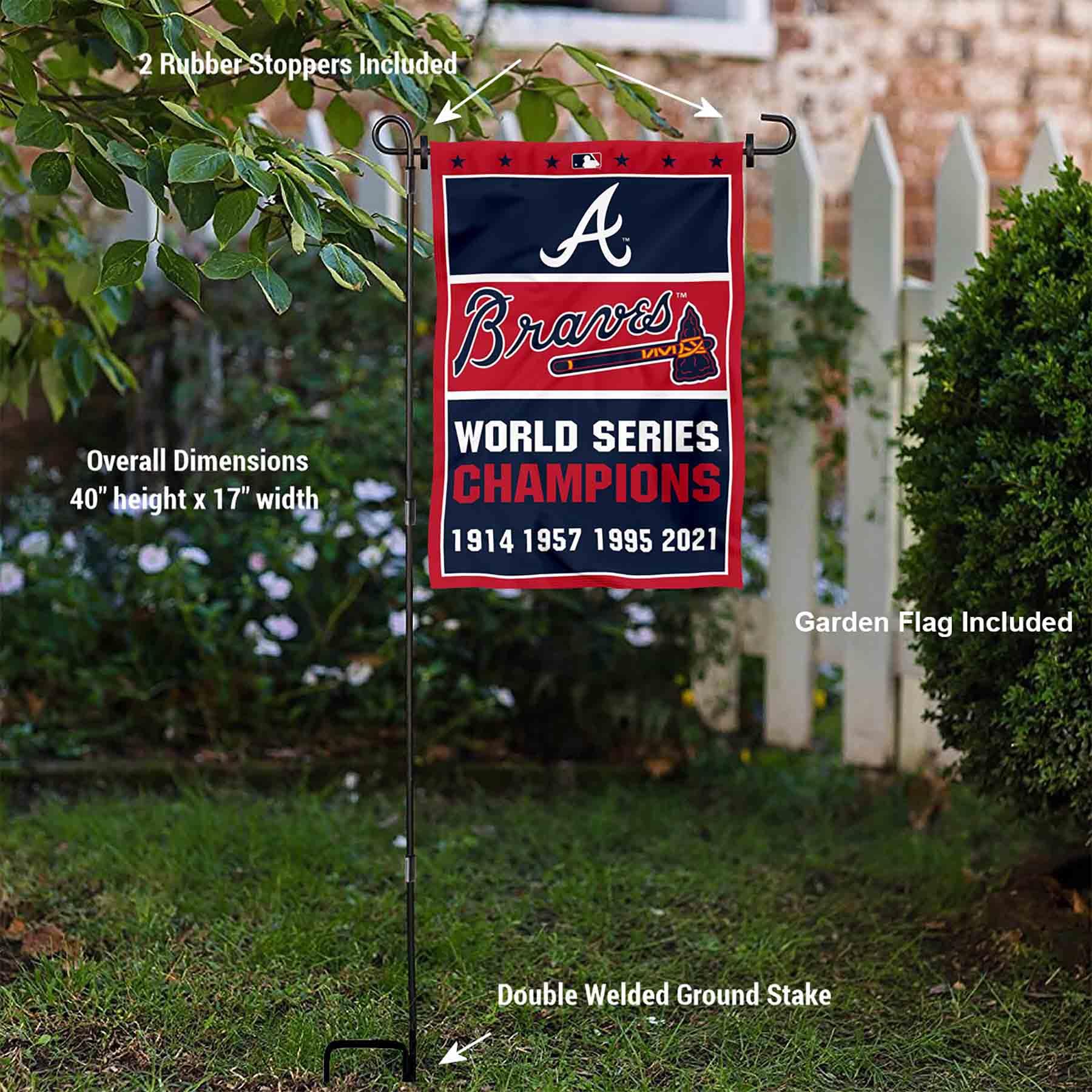 WinCraft Atlanta Braves 4 Time Champions Garden Flag and Pole Stand Mount - Sports Collectibles, Sports Memorabilia, Sports Fan Shop, Sports Gifts