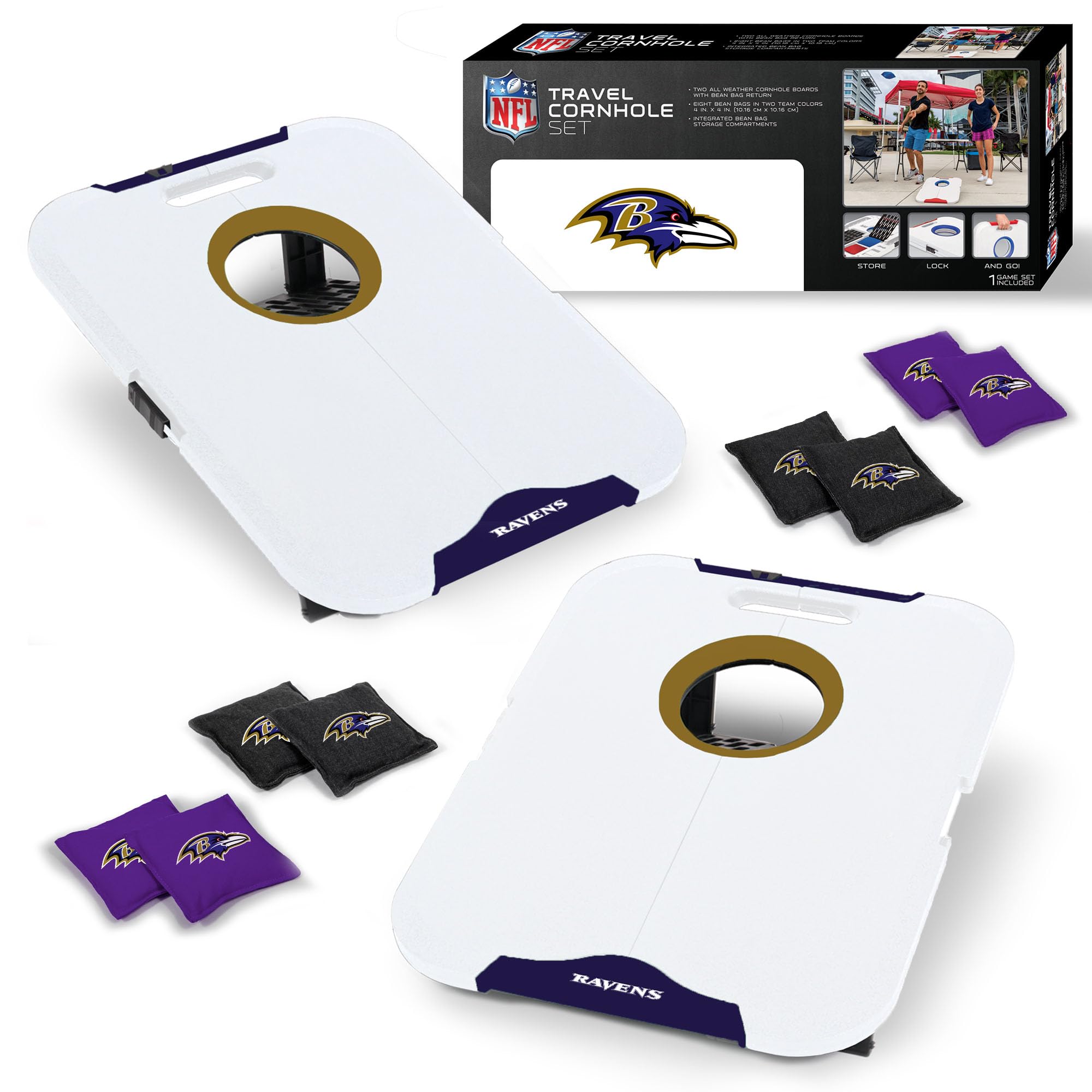 Wild Sports NFL Baltimore Ravens Pro Football All-Weather Cornhole Set - Travel Bean Bag Toss Set Includes 8 Bean Bags - Sports Collectibles, Sports Memorabilia, Sports Fan Shop, Sports Gifts