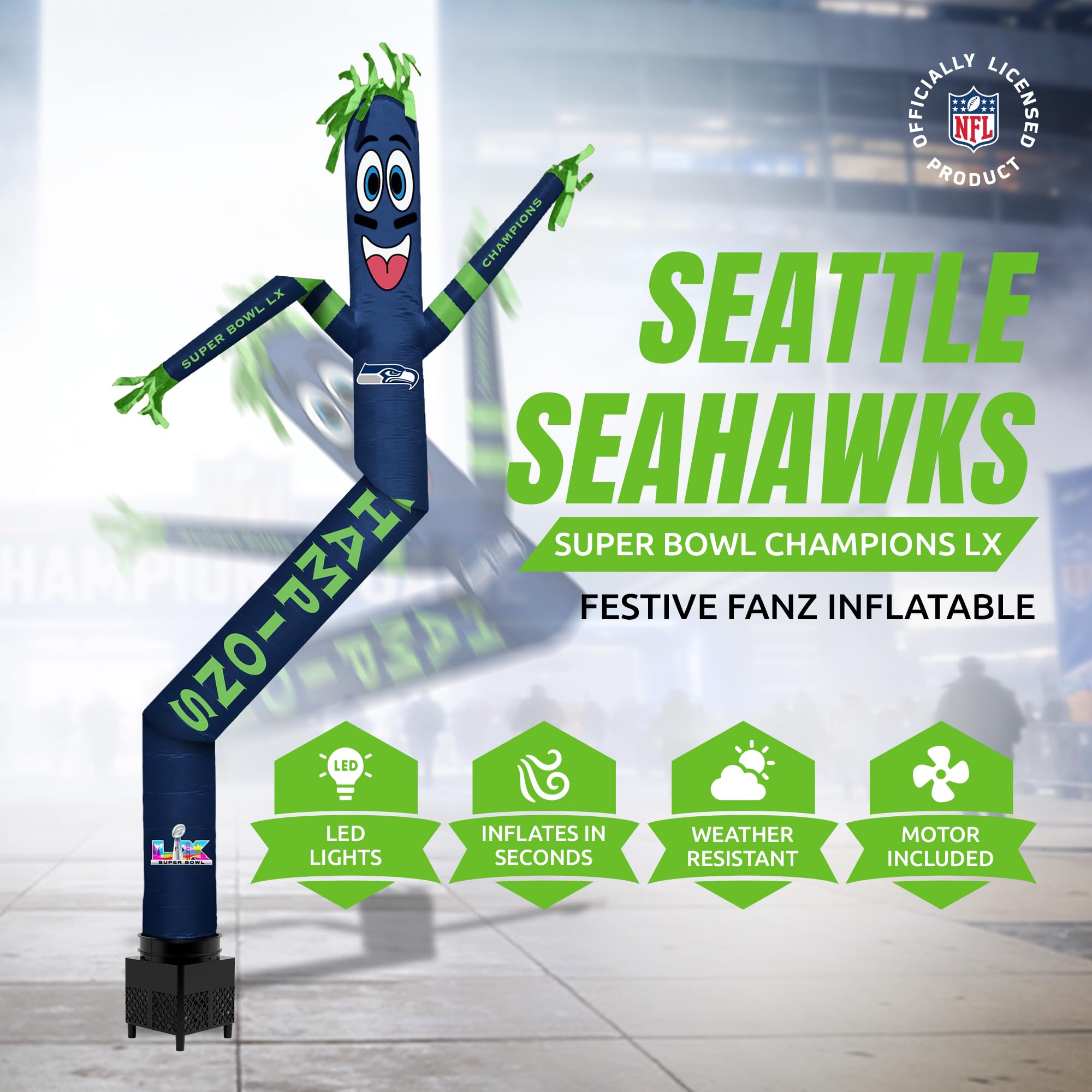 Seattle Seahawks Super Bowl 60 Champions Inflatable Crazy Sports Fan with LED Lights and Built-in Blower Air Wacky Dancers Outdoor Yard Decoration, Official NFL, 8 ft - Sports Gifts, Sports Memorabilia, Sports Collectibles, Fan Shop