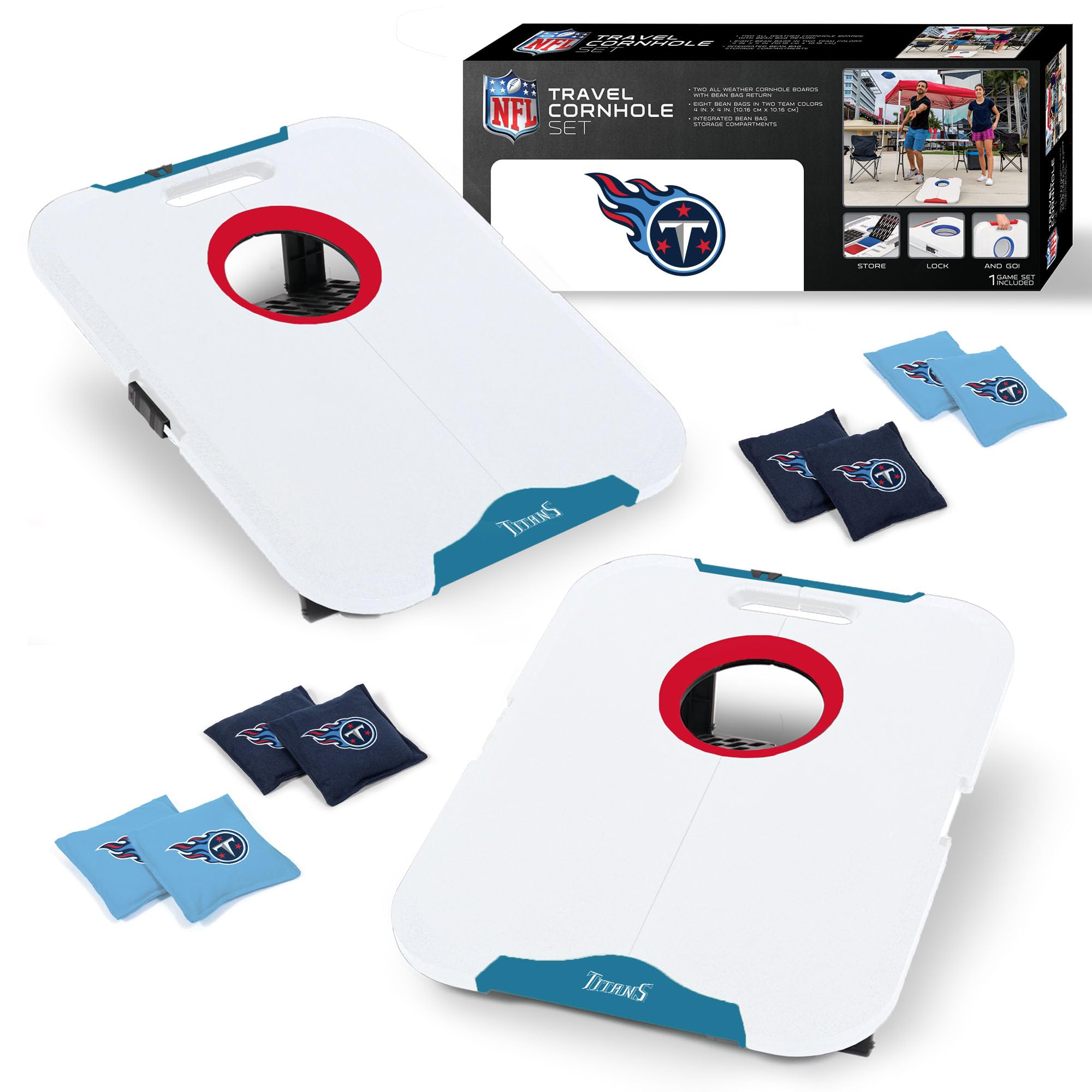 Wild Sports NFL Tennessee Titans Pro Football All-Weather Cornhole Set - Travel Bean Bag Toss Set Includes 8 Bean Bags - Sports Collectibles, Sports Memorabilia, Sports Fan Shop, Sports Gifts