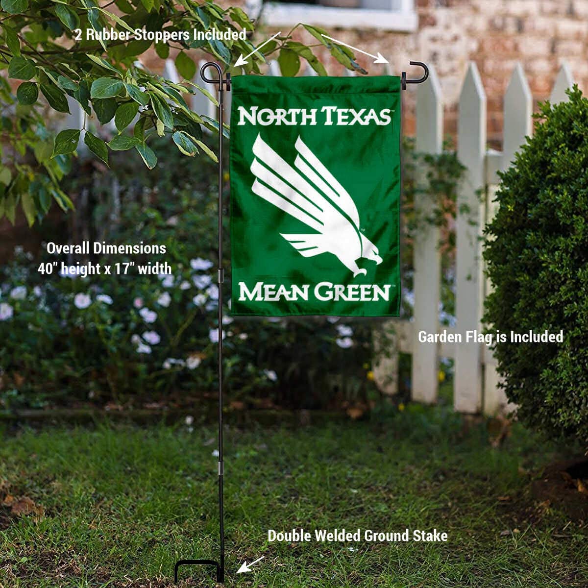 College Flags & Banners Co. University of North Texas Garden Flag and USA Stand Pole Holder Set - Sports Collectibles, Sports Memorabilia, Sports Fan Shop, Sports Gifts