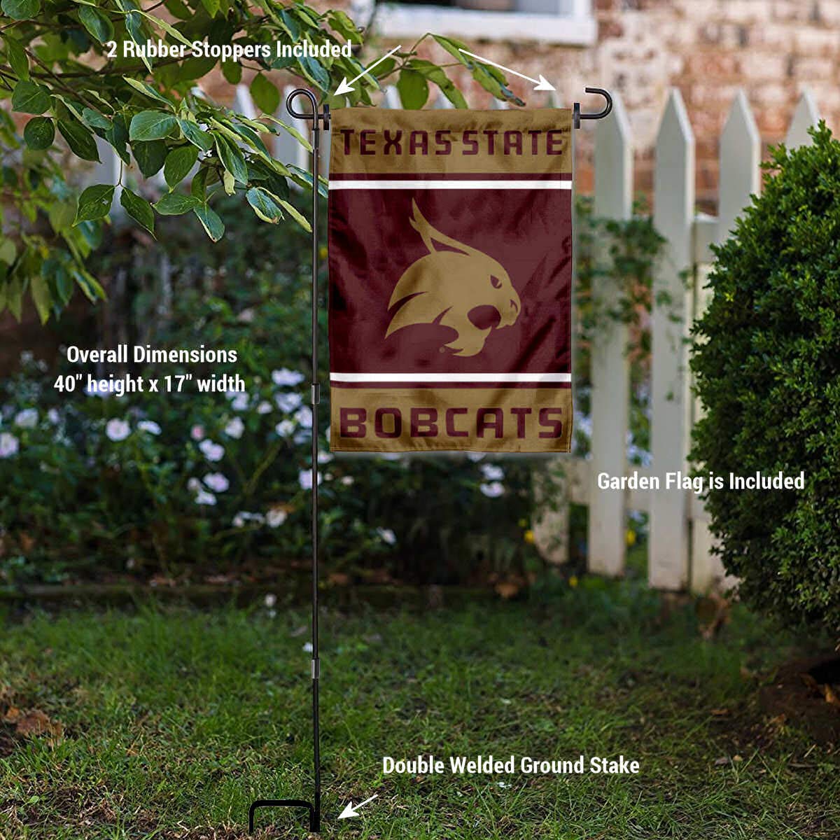College Flags & Banners Co. Texas State Bobcats Garden Flag with Stand Holder - Sports Collectibles, Sports Memorabilia, Sports Fan Shop, Sports Gifts