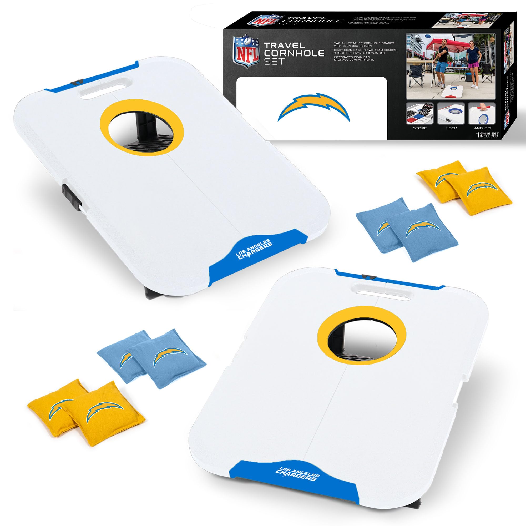 Wild Sports NFL Los Angeles Chargers Pro Football All-Weather Cornhole Set - Travel Bean Bag Toss Set Includes 8 Bean Bags - Sports Collectibles, Sports Memorabilia, Sports Fan Shop, Sports Gifts