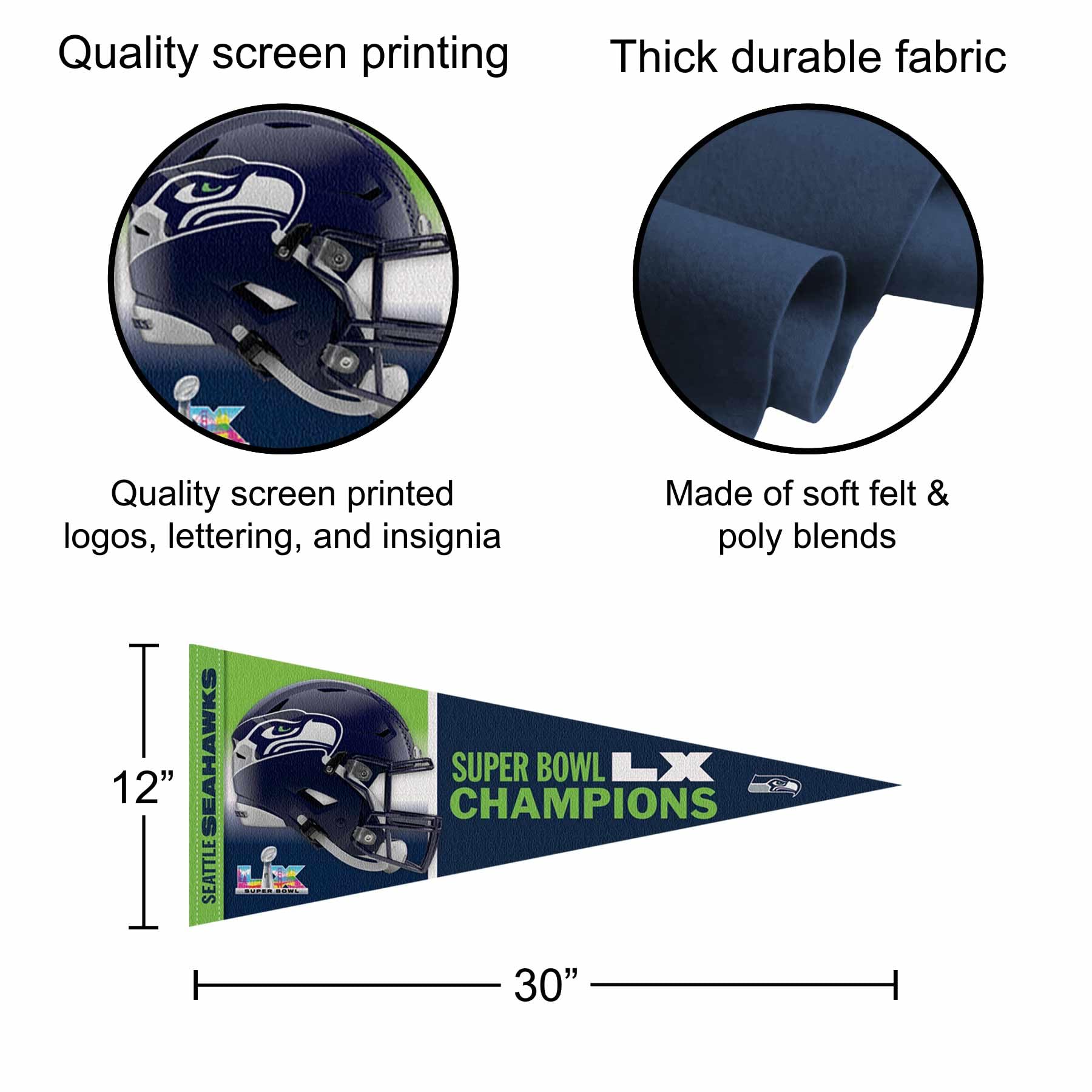 WinCraft Seattle Seahawks Super Bowl LX Champions 12" x 30" Premium Pennant - Sports Gifts, Sports Memorabilia, Sports Collectibles, Fan Shop