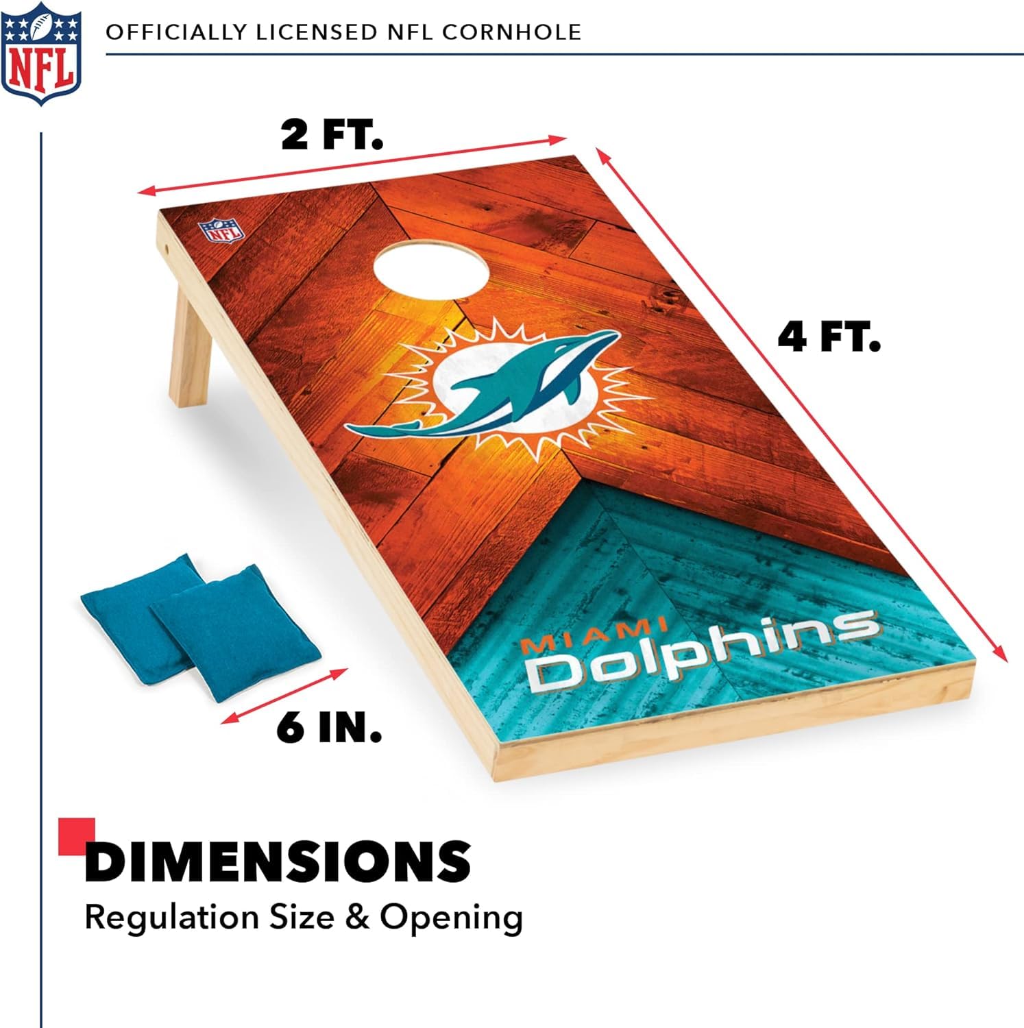 Wild Sports NFL Miami Dolphins 2' x 4' Regulation Size Solid Wood Cornhole Set with Direct Print HD Team Graphics - Sports Collectibles, Sports Memorabilia, Sports Fan Shop, Sports Gifts