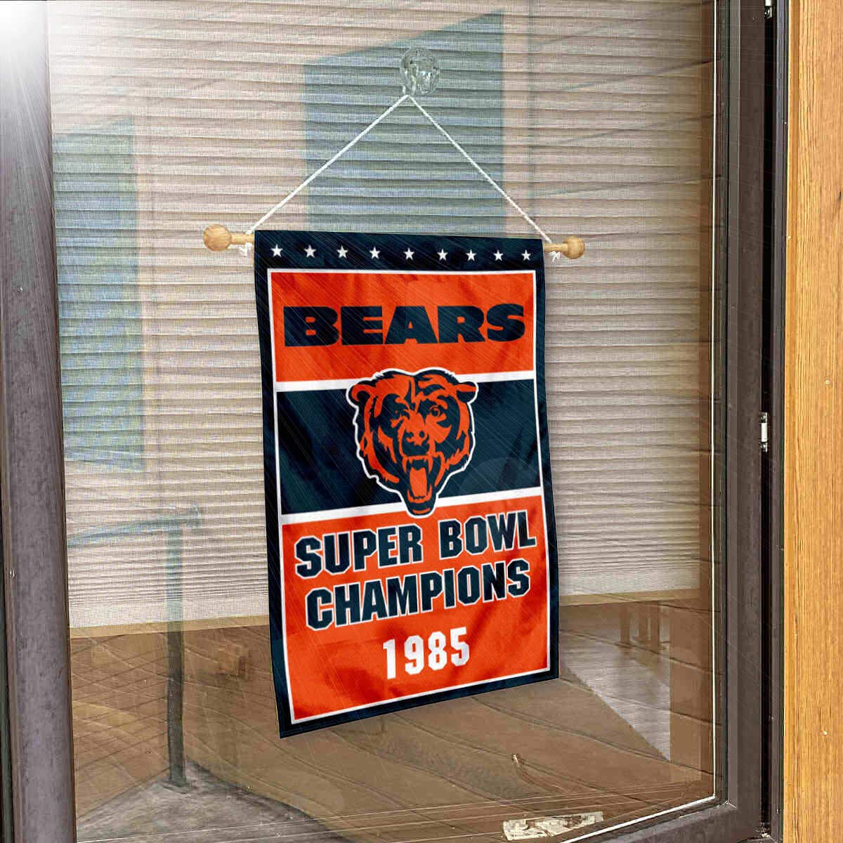Chicago Bears 1985 Champions Banner Window Wall Hanging Flag with Suction Cup - Sports Collectibles, Sports Memorabilia, Sports Fan Shop, Sports Gifts