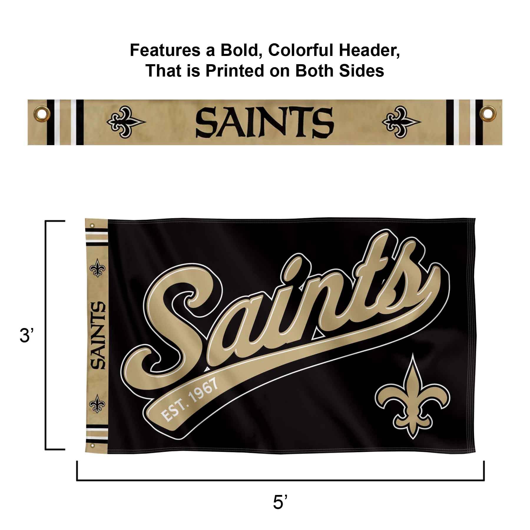 WinCraft New Orleans Saints Script Logo Premium Flag - Sports Collectibles, Sports Memorabilia, Sports Fan Shop, Sports Gifts