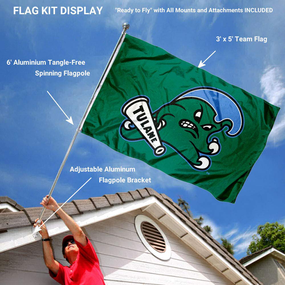 College Flags & Banners Co. Tulane Green Wave Angry Flag and Pole Bracket Mount Bundle - Sports Collectibles, Sports Memorabilia, Sports Fan Shop, Sports Gifts