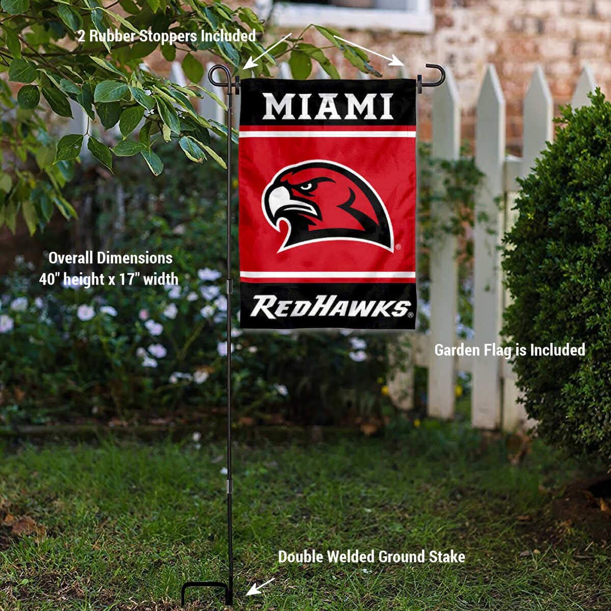College Flags & Banners Co. Miami Redhawks Garden Flag and USA Flag Stand Pole Holder Set - Sports Collectibles, Sports Memorabilia, Sports Fan Shop, Sports Gifts