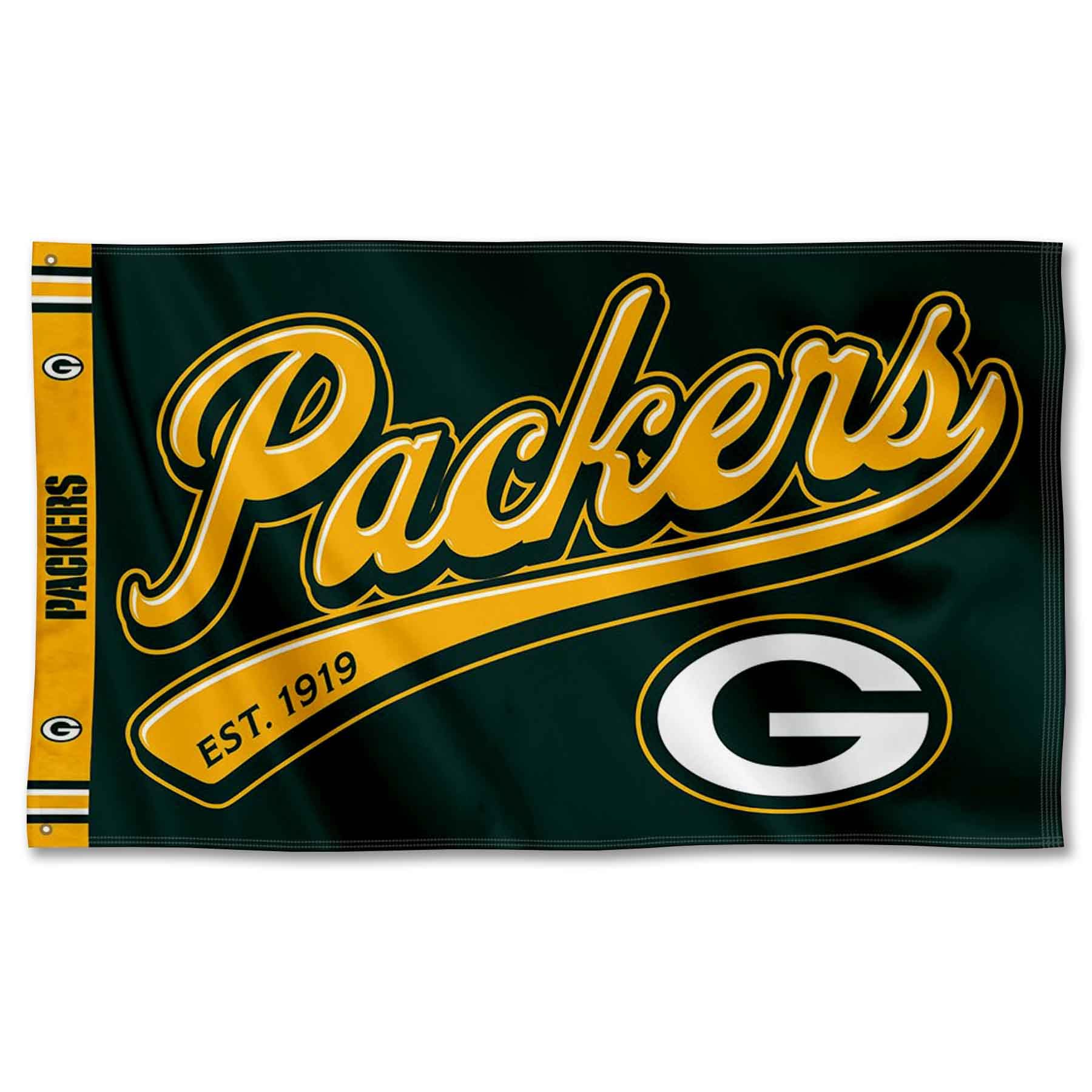 WinCraft Green Bay Packers Script Logo Premium Flag - Sports Collectibles, Sports Memorabilia, Sports Fan Shop, Sports Gifts