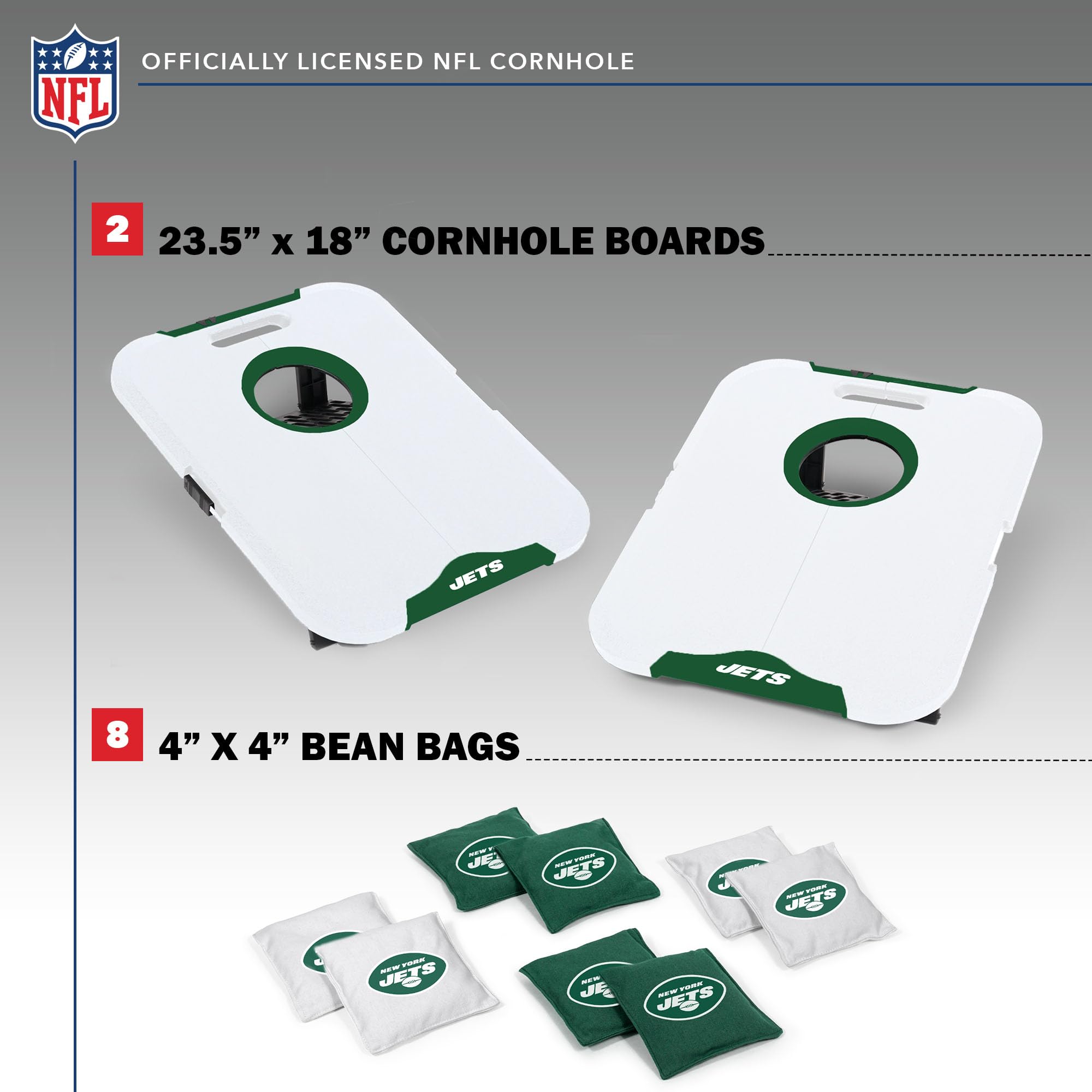 Wild Sports NFL New York Jets Pro Football All-Weather Cornhole Set - Travel Bean Bag Toss Set Includes 8 Bean Bags - Sports Collectibles, Sports Memorabilia, Sports Fan Shop, Sports Gifts