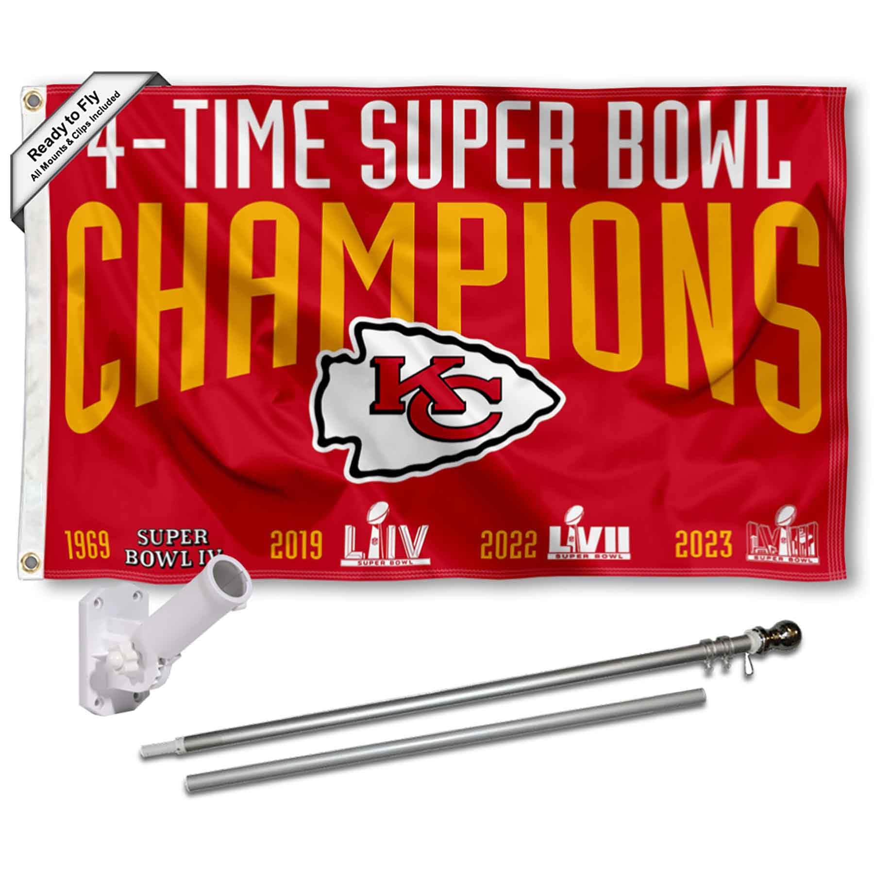 WinCraft Kansas City Chiefs 4 Time Super Bowl Champions Flag Pole and Bracket Mount Kit - Sports Collectibles, Sports Memorabilia, Sports Fan Shop, Sports Gifts
